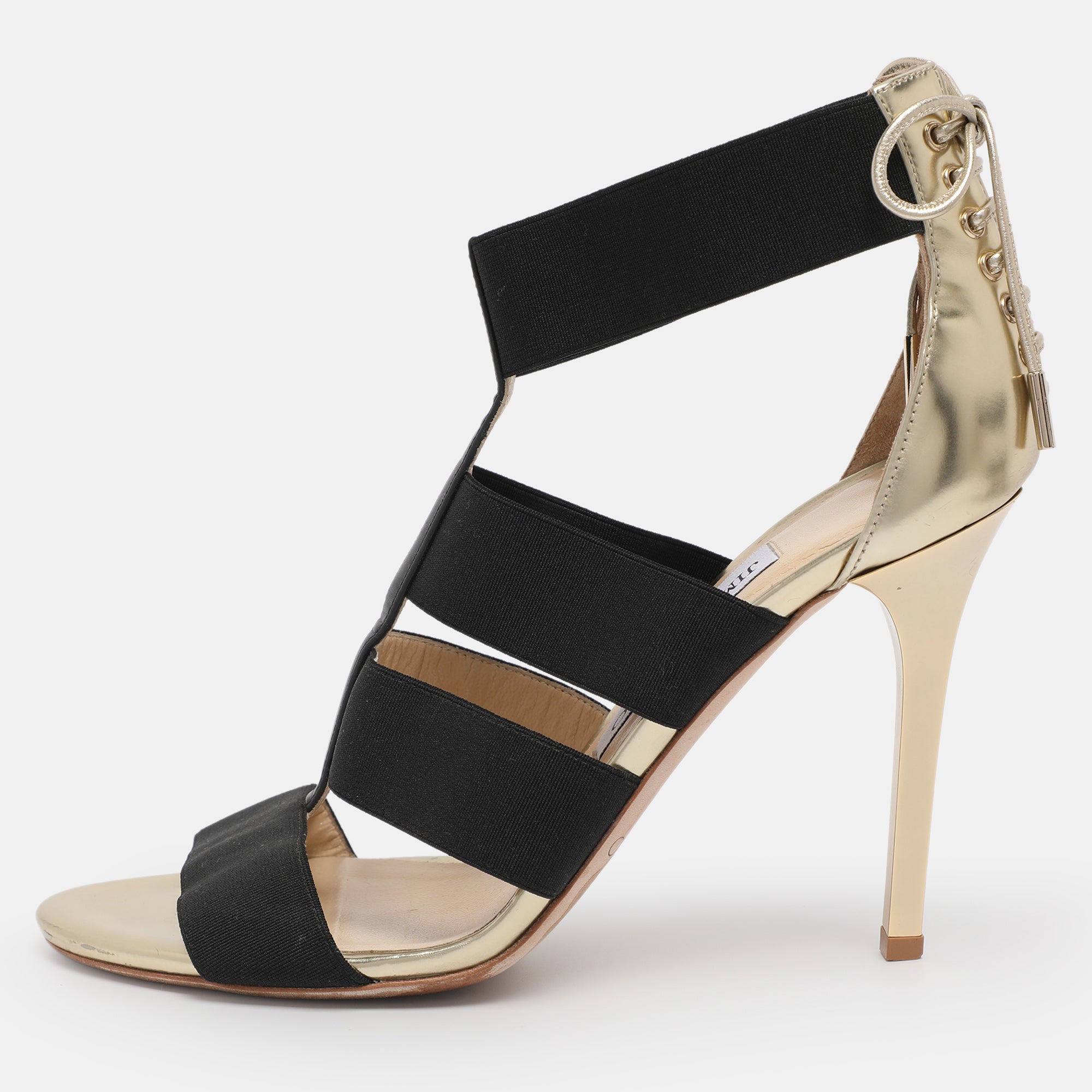 Jimmy Choo Gold-Black Leather And Elastic Cage Sandals Size 38.5