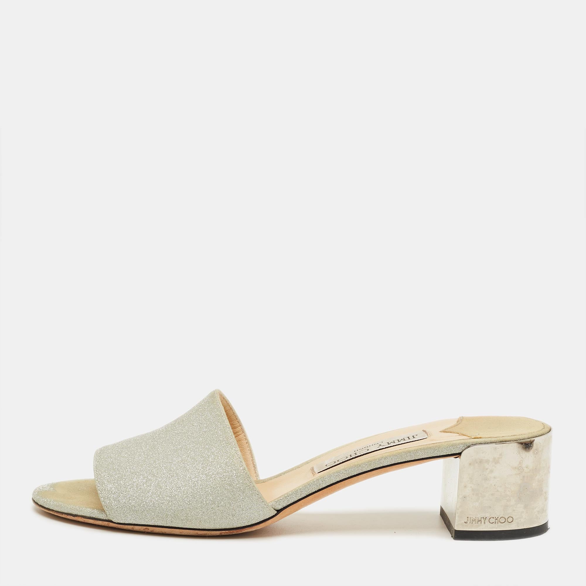 Jimmy Choo Silver Glitter Joni Slide Sandals Size 40