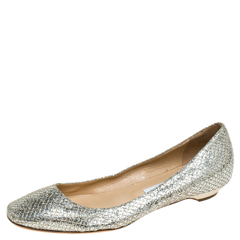 Jimmy Choo Metallic Gold Glitter Fabric Ballet Flats Size 38