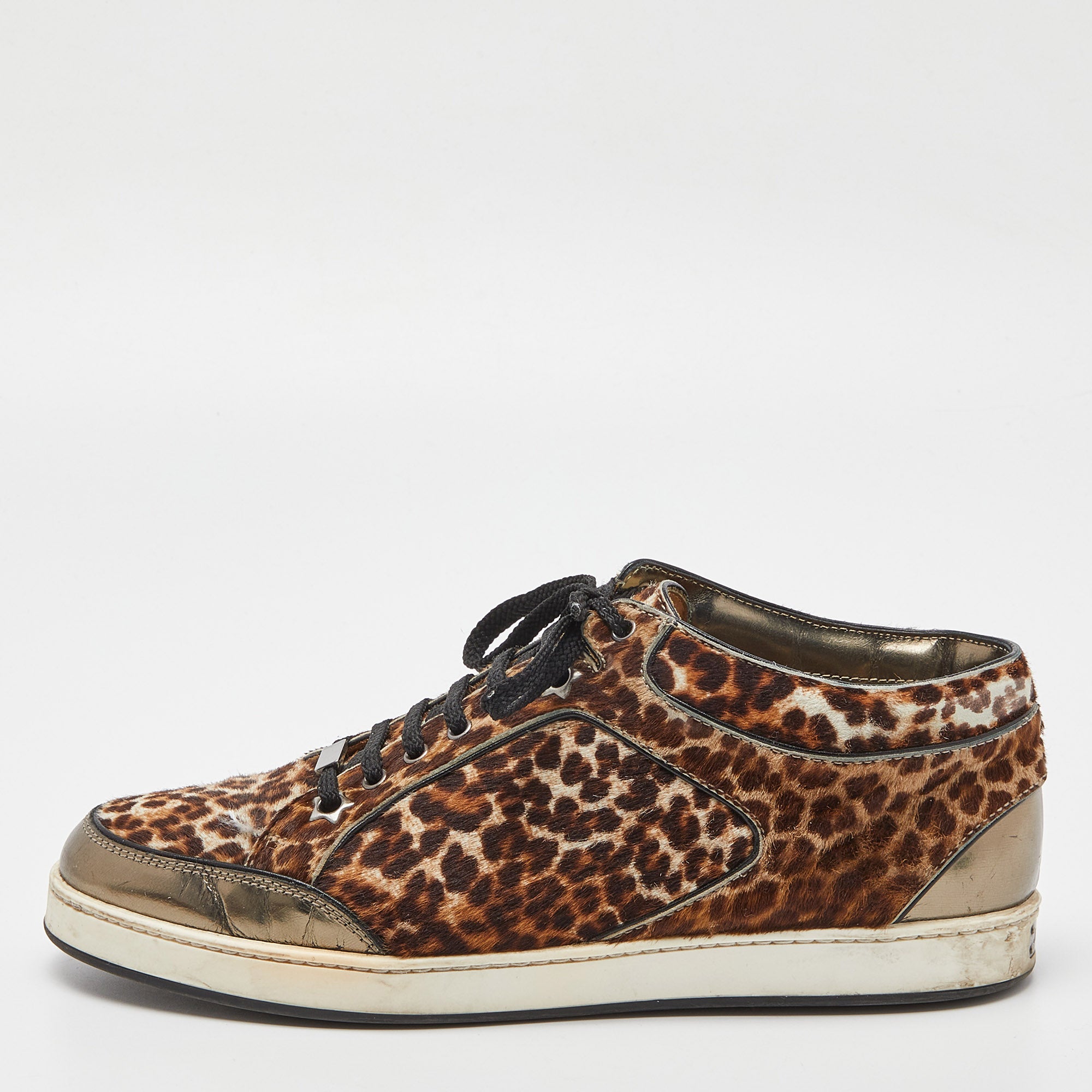 Jimmy Choo Brown-Metallic Leopard Print Calfhair and Mirrored Leather Miami Low Top Sneakers Size 38.5