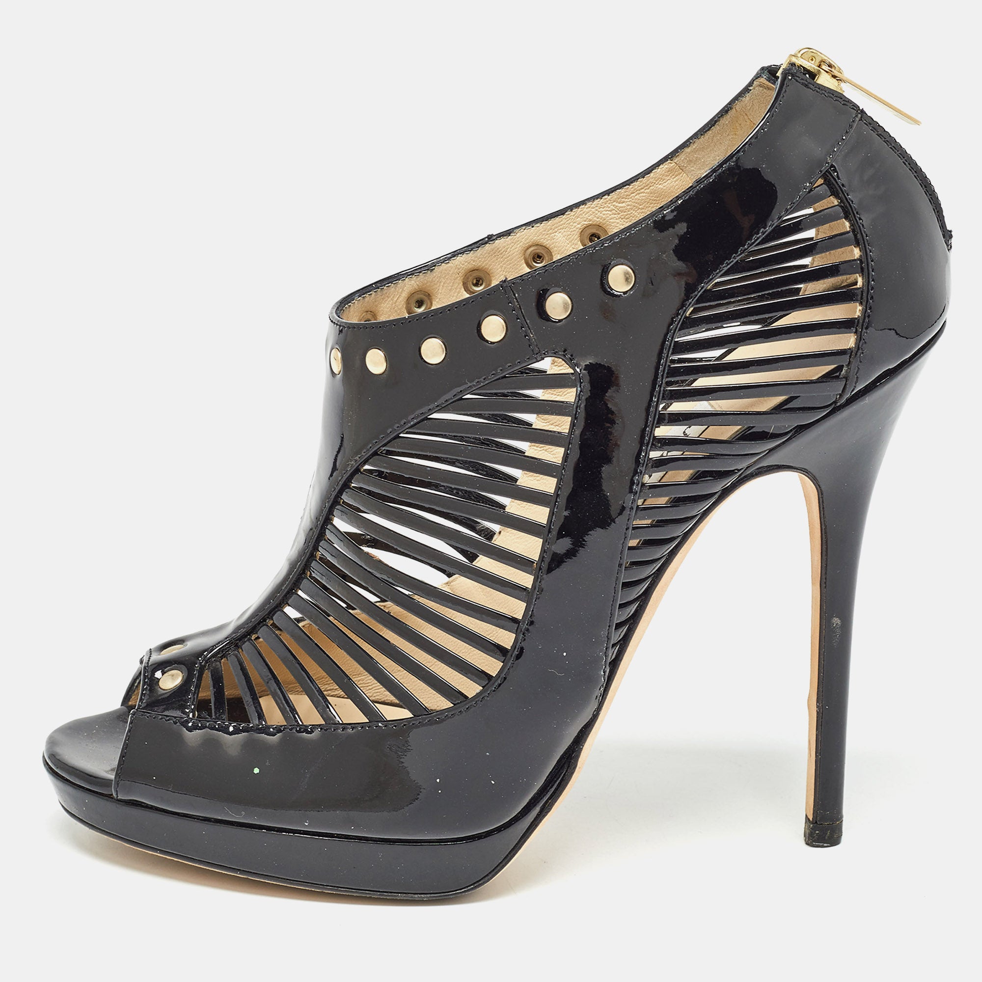 Jimmy Choo Black Patent Leather Caged Open Toe Pumps Size 38.5