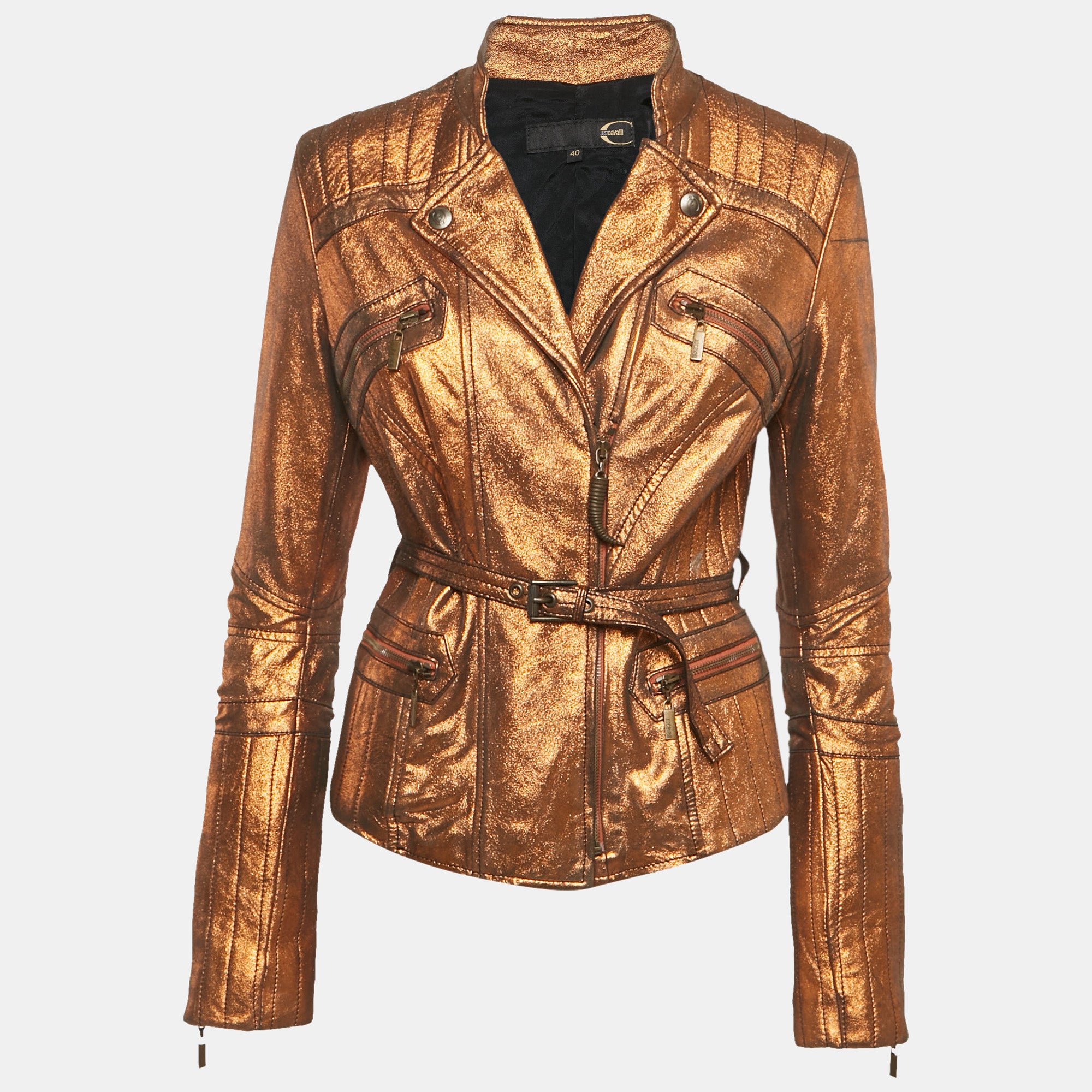 Just Cavalli Metallic Leather Zip-Up Biker Jacket S