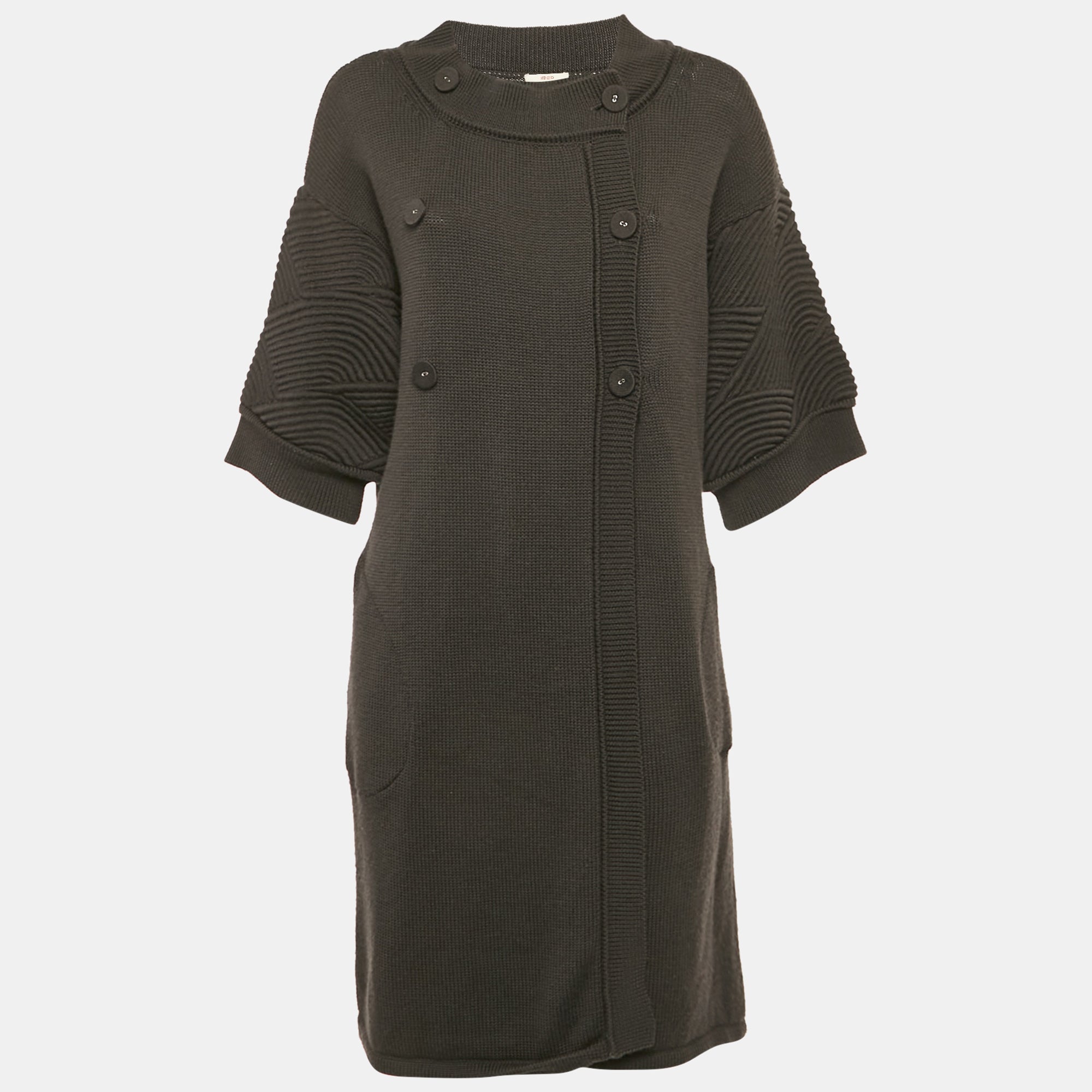 Kenzo Charcoal Grey Knit Double Breasted Long Cardigan S