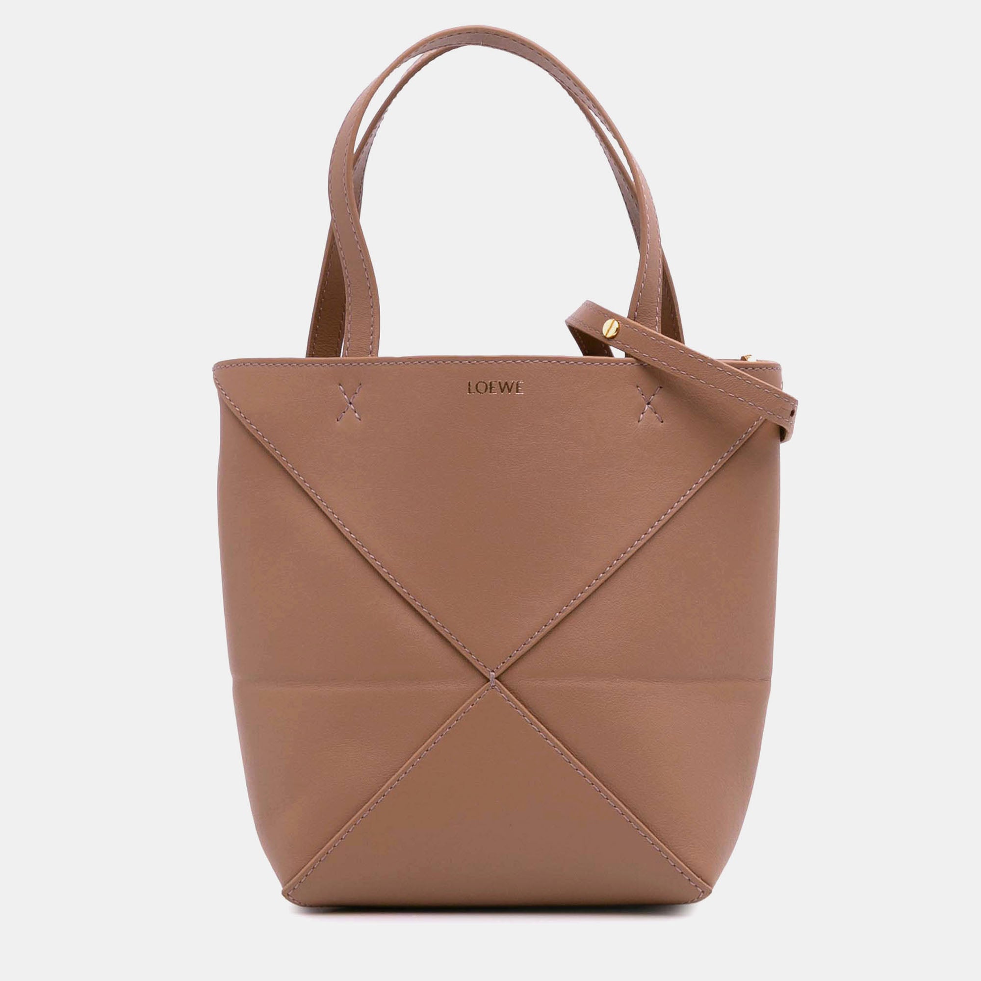 Loewe Brown Mini Shiny Calfskin Puzzle Fold Tote