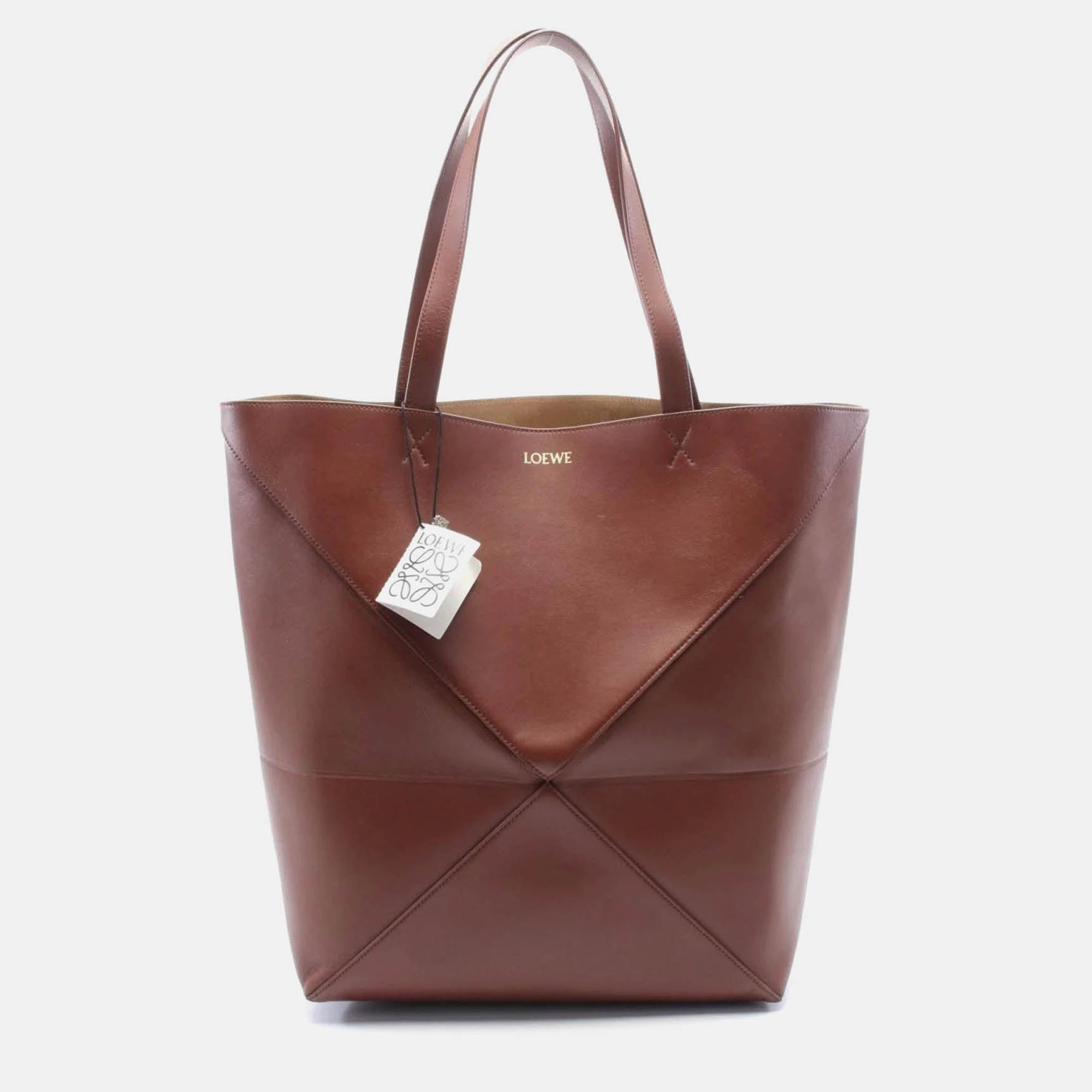 Loewe Puzzle Fold Large Brown Leather Tote Bag