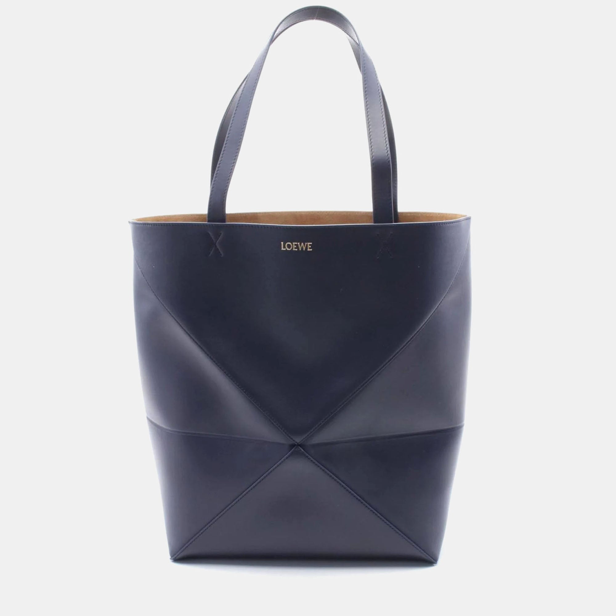 Loewe Puzzle Fold Large Navy Leather Tote Bag