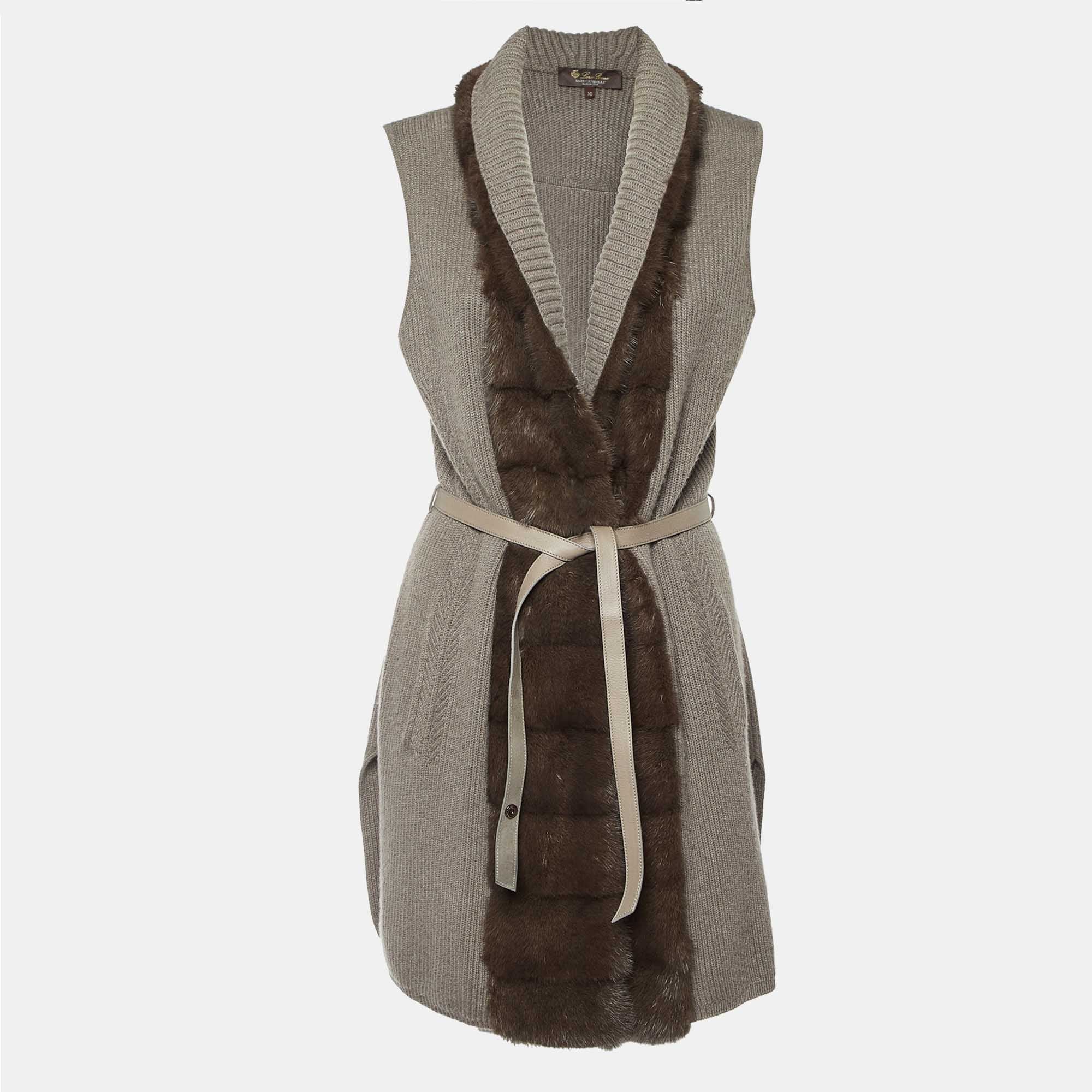 Loro Piana Grey Cashmere Knit Mink Fur Trim Belted Cardigan M