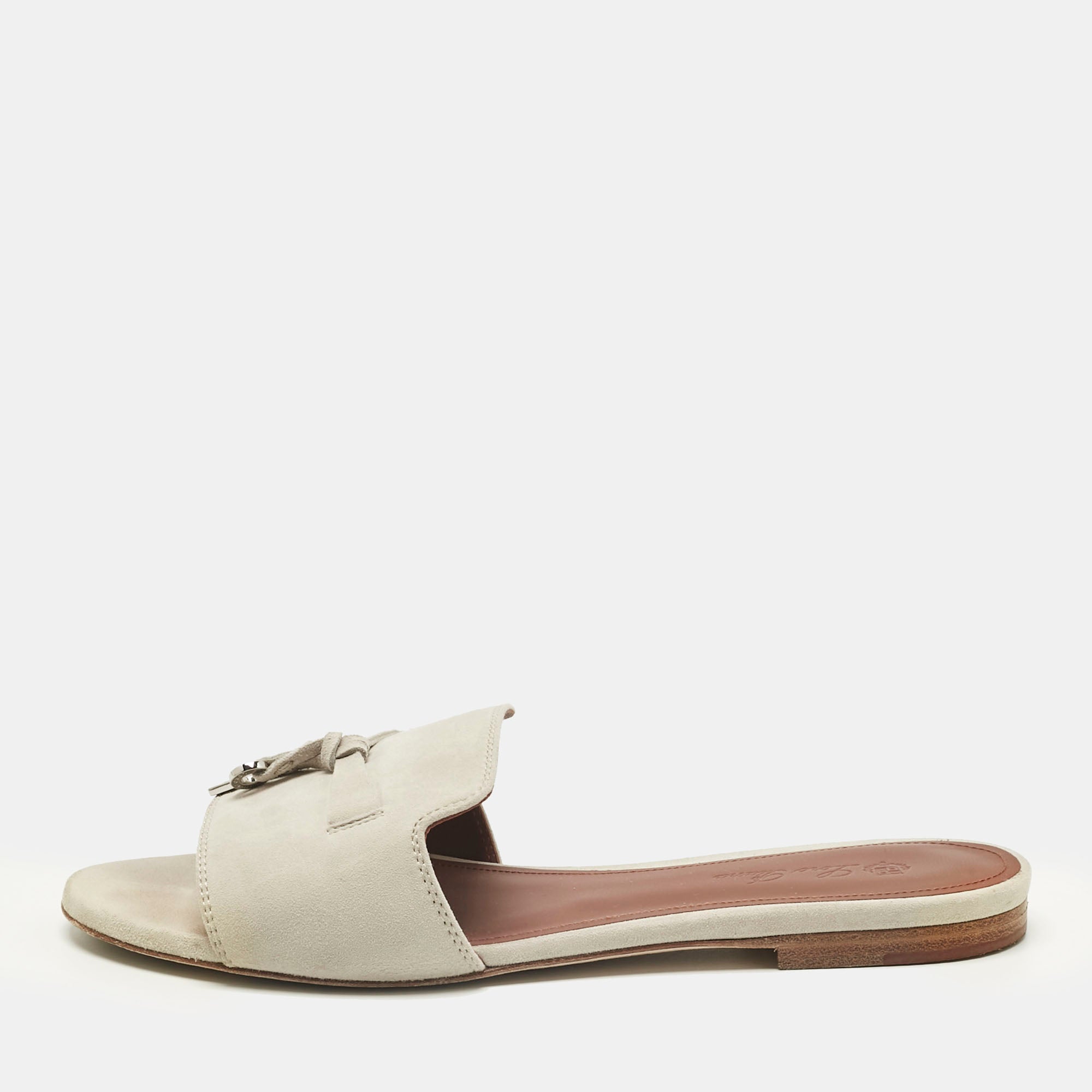 Loro Piana Grey Suede Summer Charms Walk Flat Slide Size 37