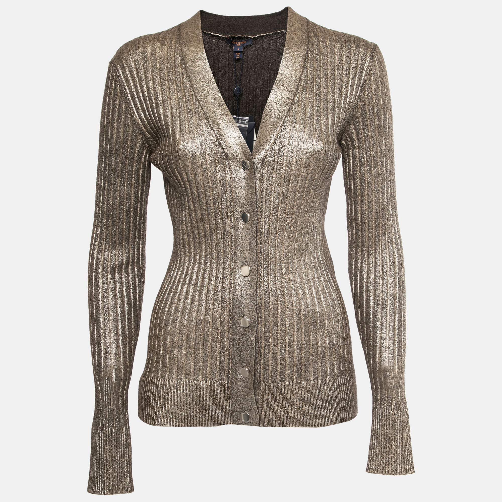 Louis Vuitton Gold Rib Knit Coated  Wool Cardigan S