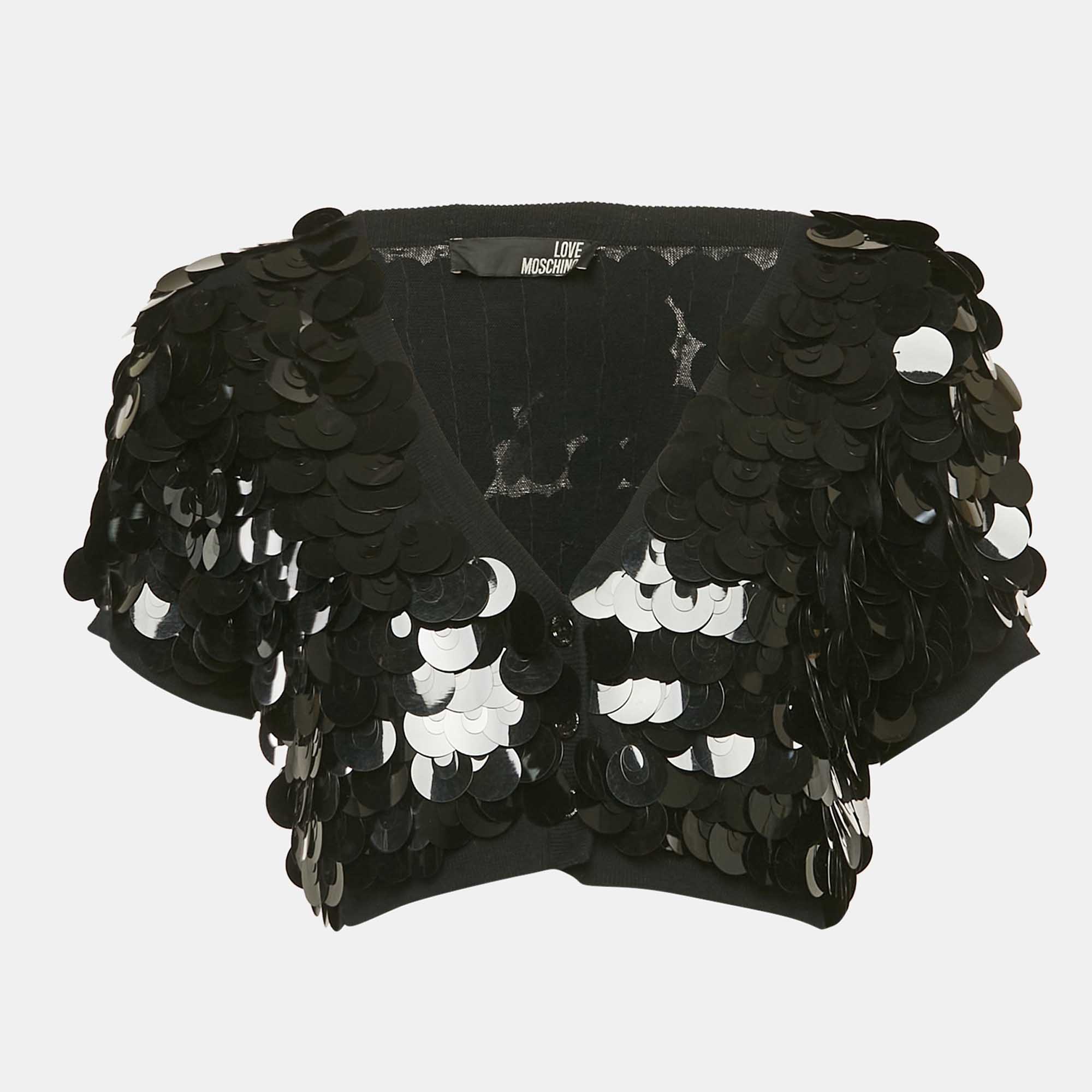 Love Moschino Black Sequined Knit Short Sleeve Cardigan L