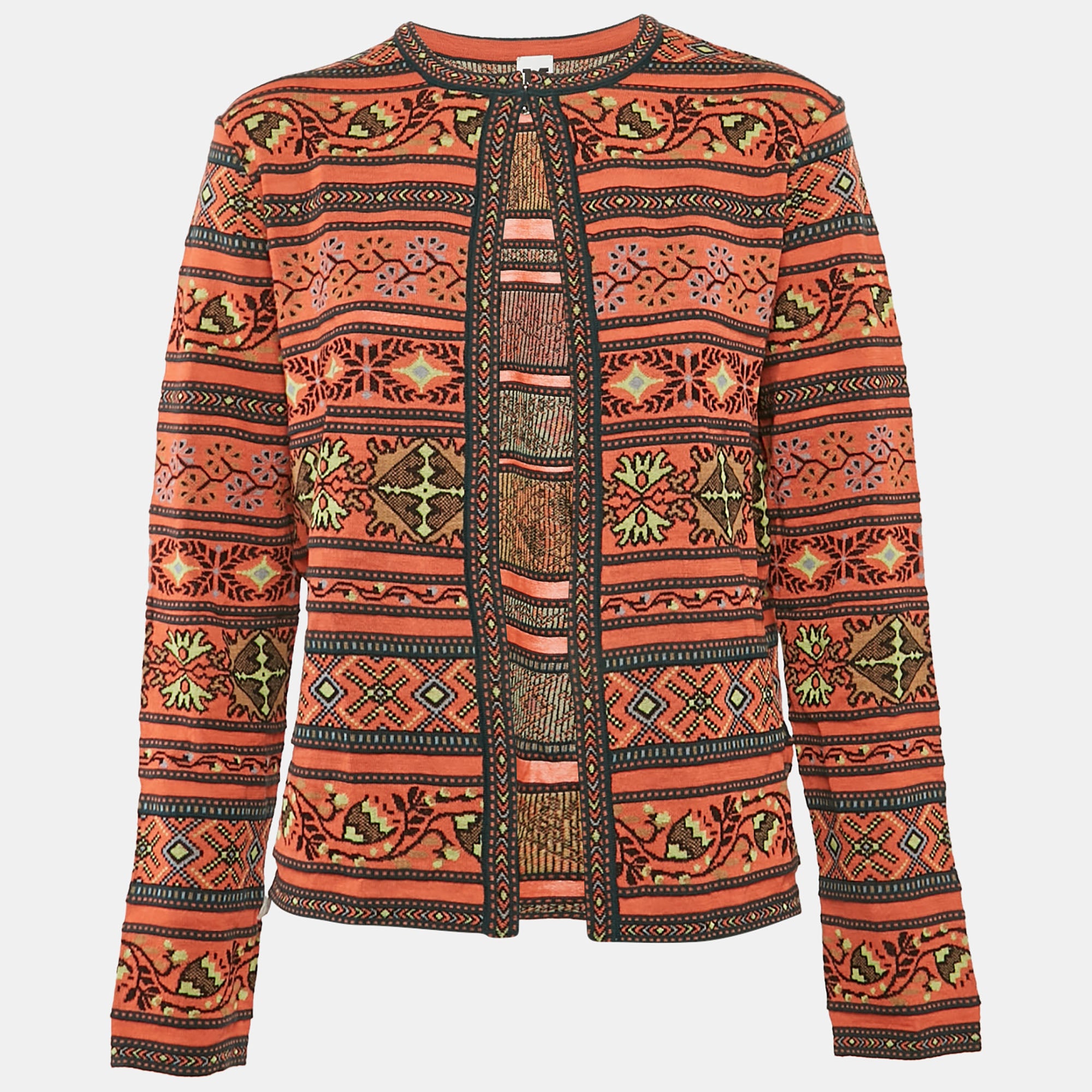 M Missoni Orange-Multicolor Patterned Knit Wool Blend Cardigan L