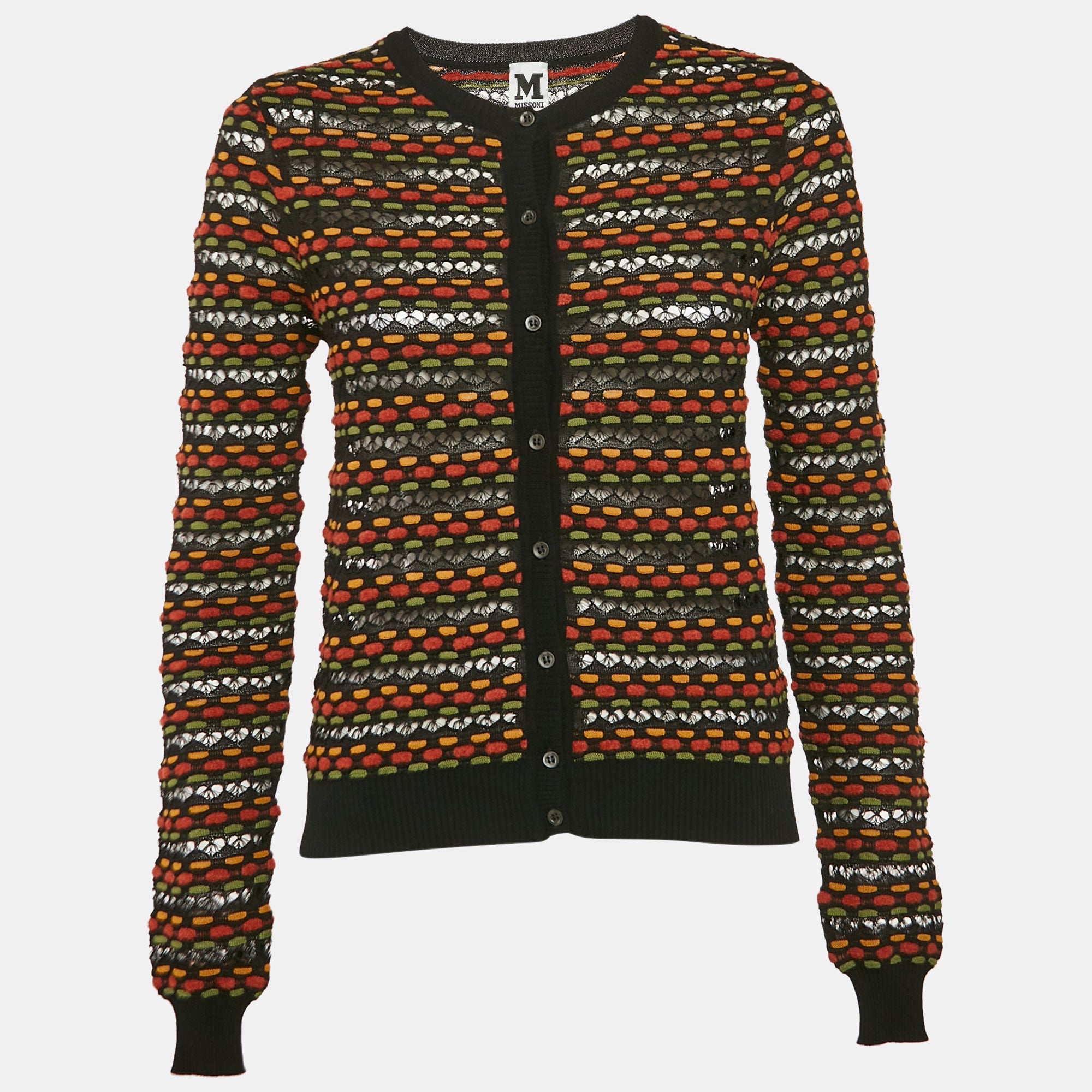 M Missoni Black-Orange Pointelle Knit Button Front Cardigan L