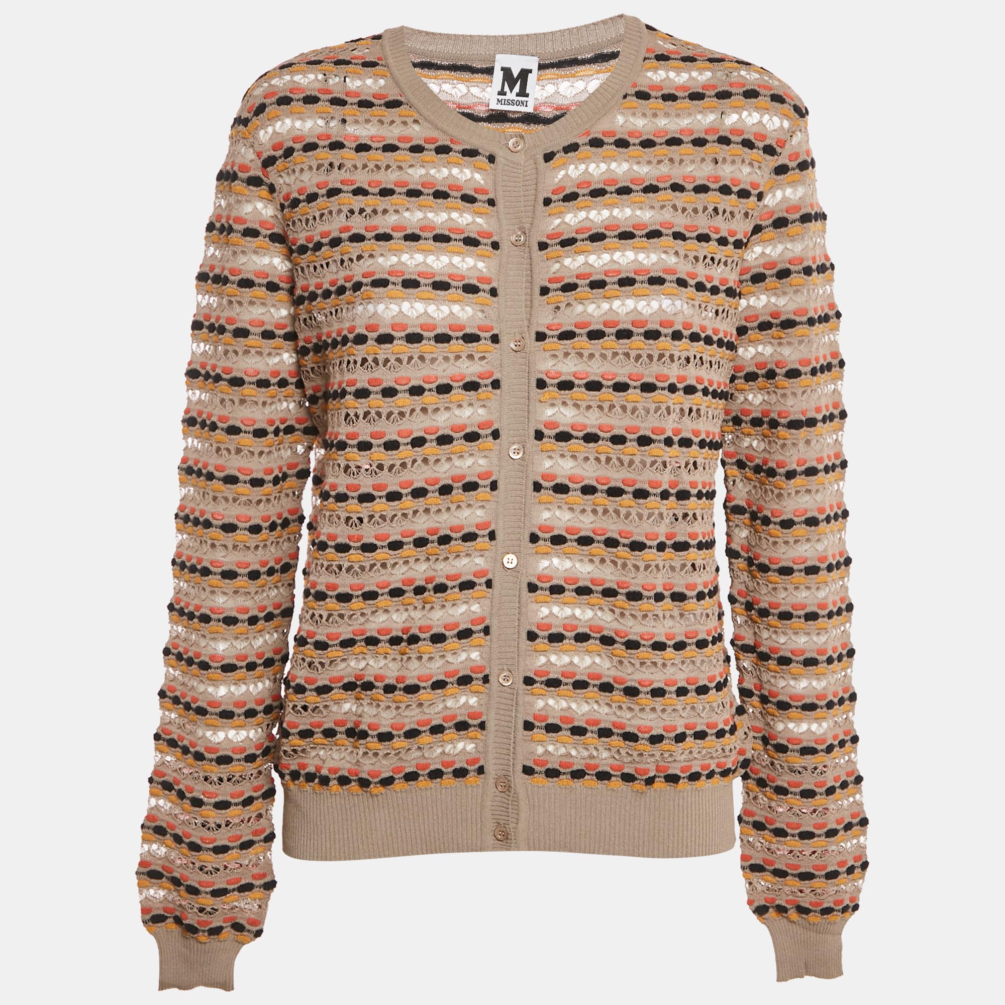 M Missoni Brown Pointelle Knit Button Front Cardigan L