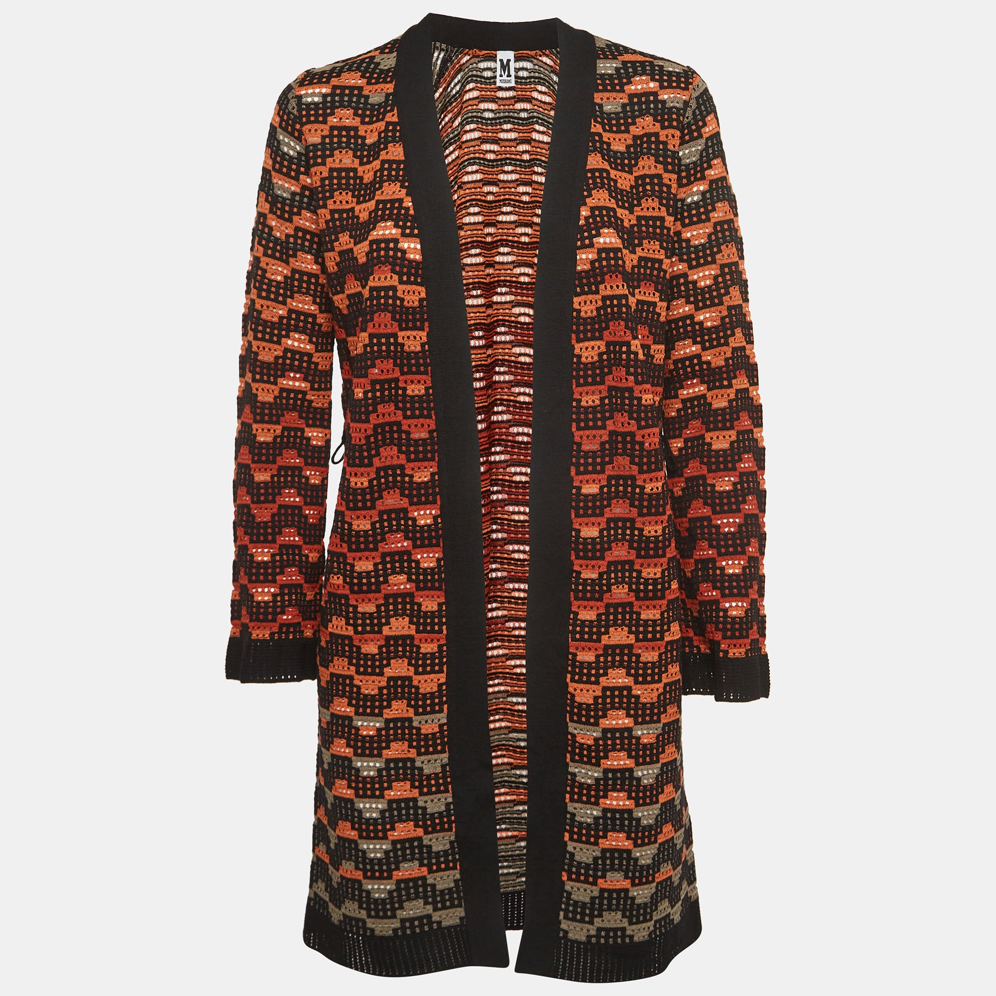 M Missoni Orange-Multicolor Patterned Knit Open Front Cardigan S