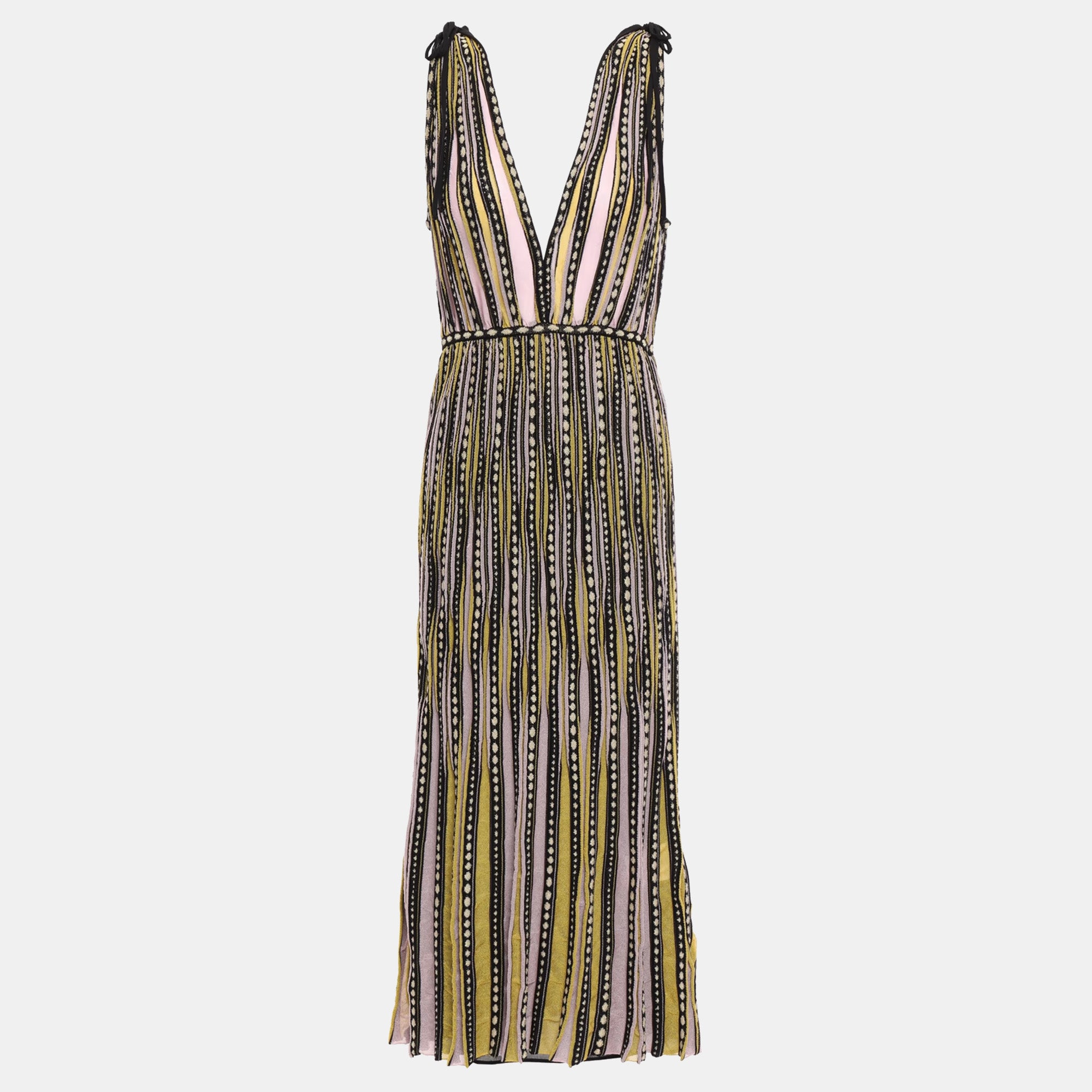 M Missoni Yellow-Black Alga and Bubble Pattern Knit Sleeveless Midi Dress M