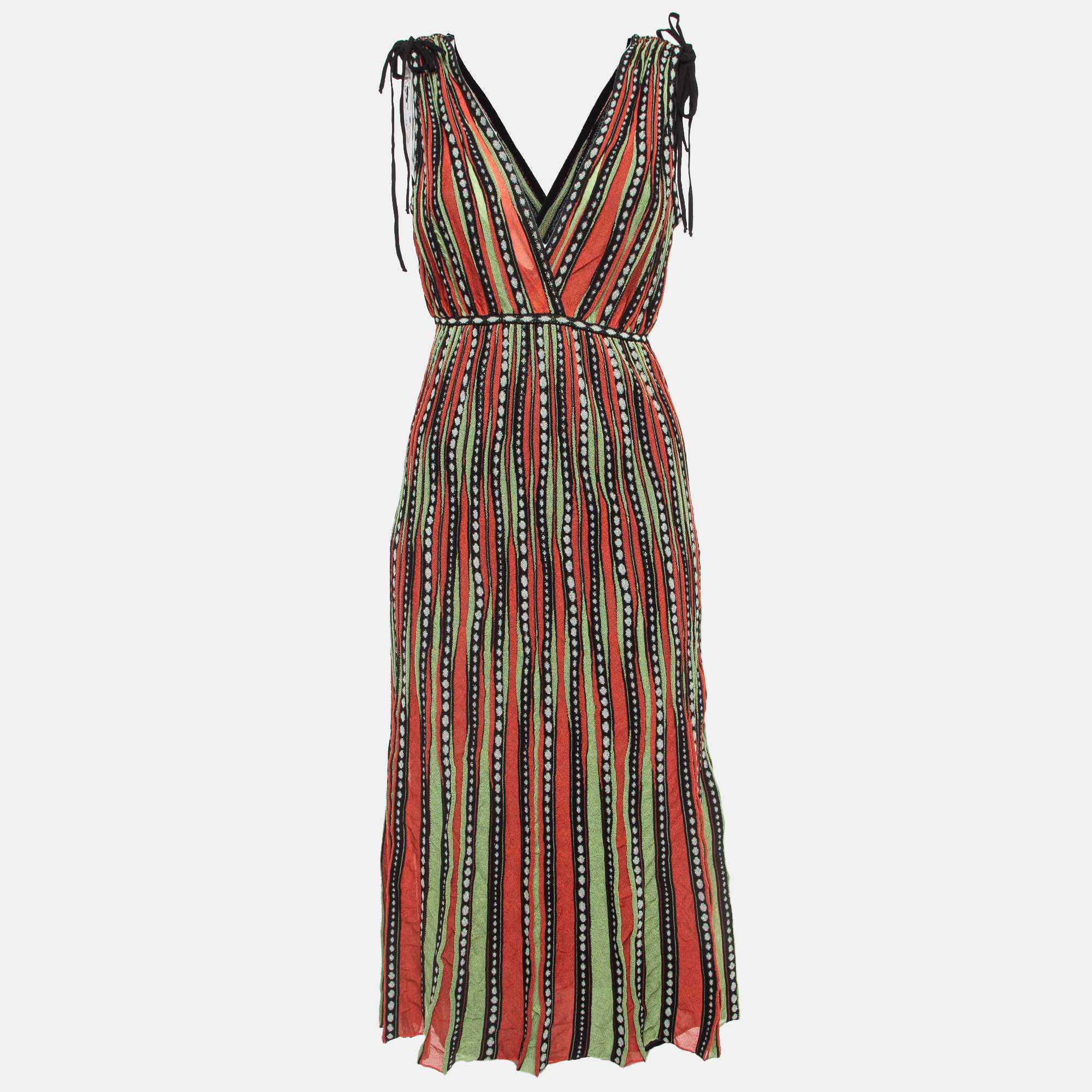 M Missoni Green-Orange Alga and Bubble Pattern Knit Midi Dress S