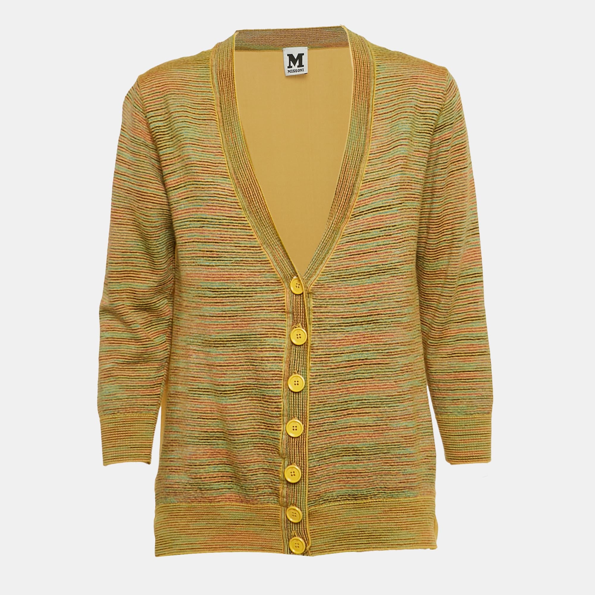 M Missoni Yellow Stripe Knit and Silk Buttoned Cardigan M
