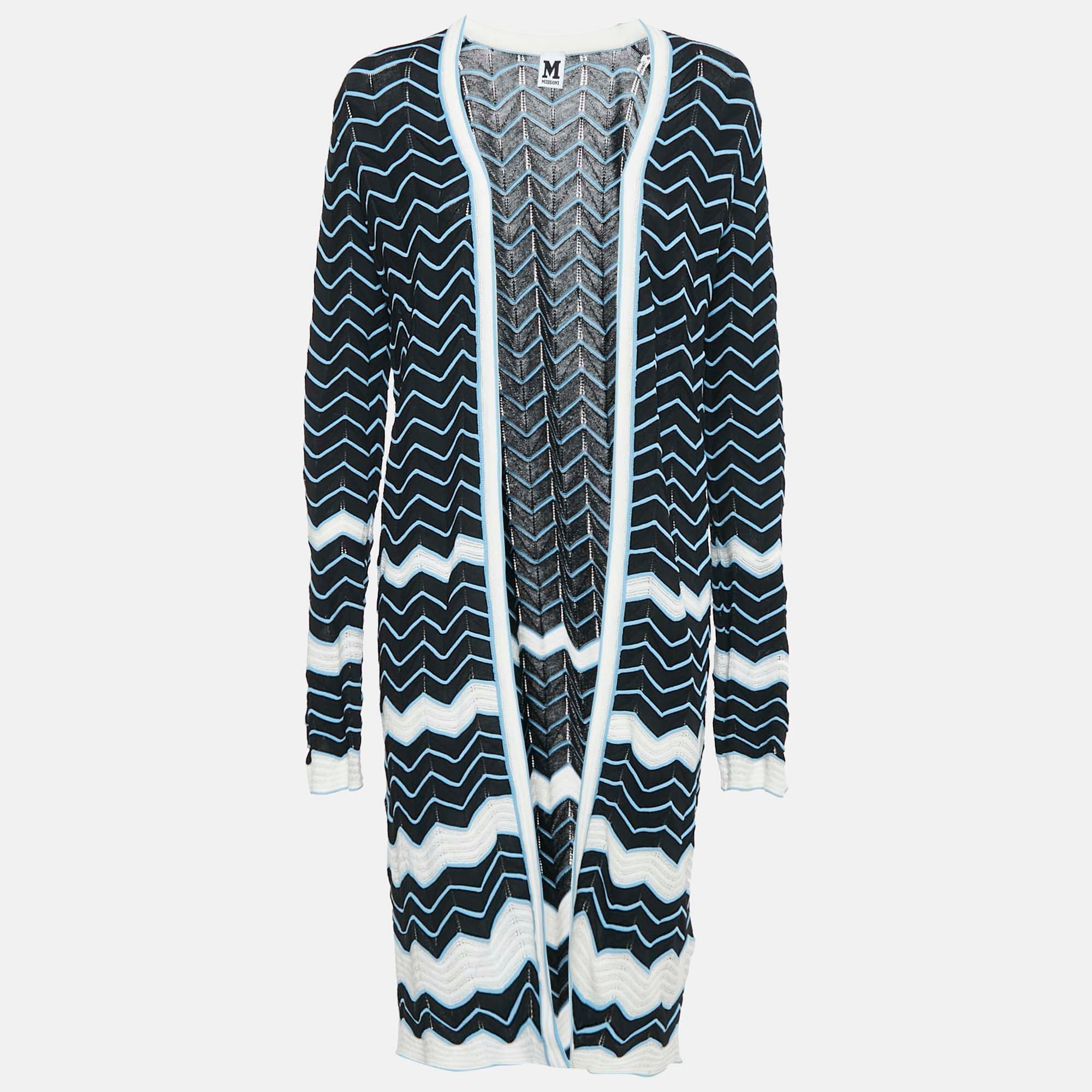 M Missoni Black-Blue Chevron Pattern Knit Open Front Long Cardigan M
