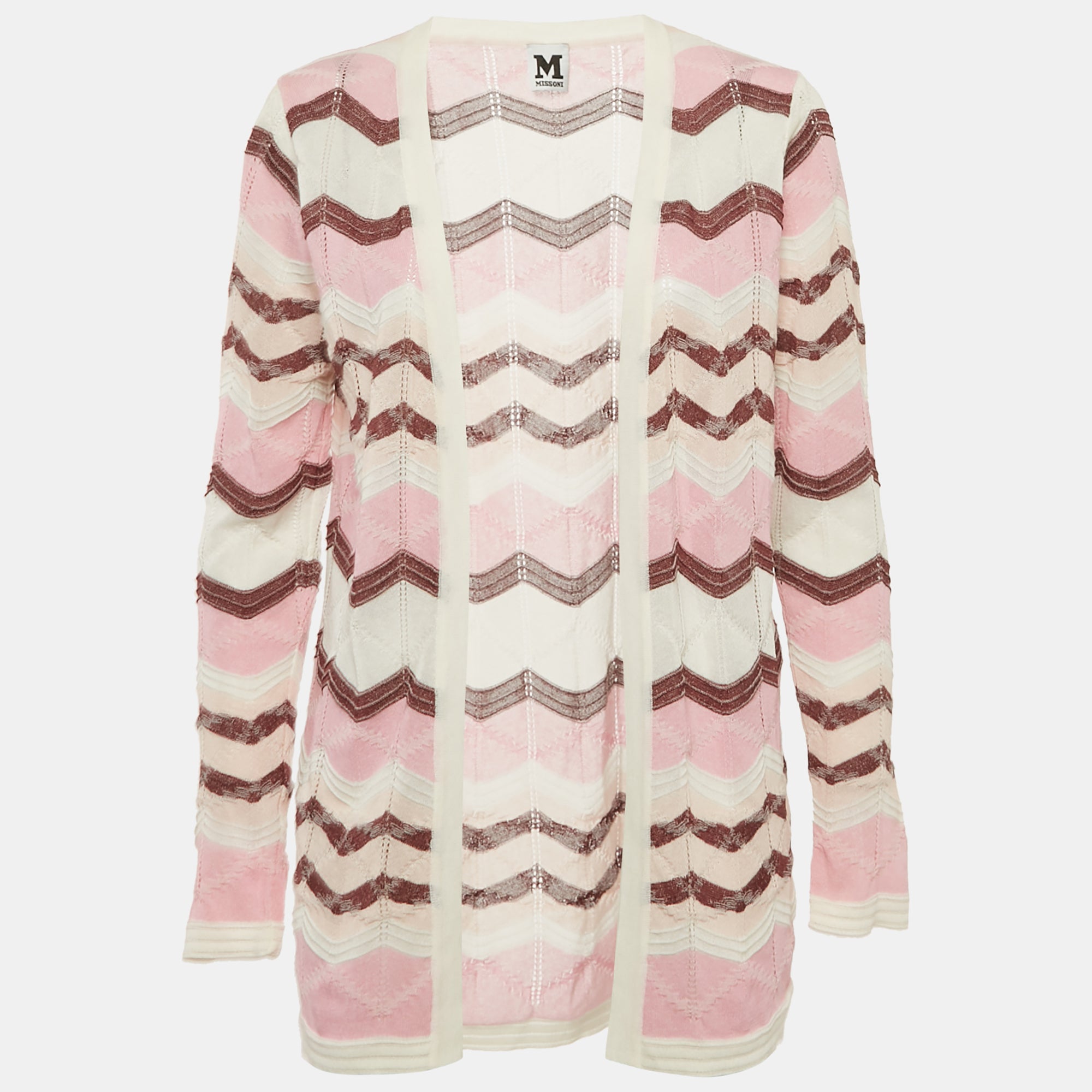 M Missoni Pink-Multicolor Chevron Pattern Knit Open Front Cardigan S
