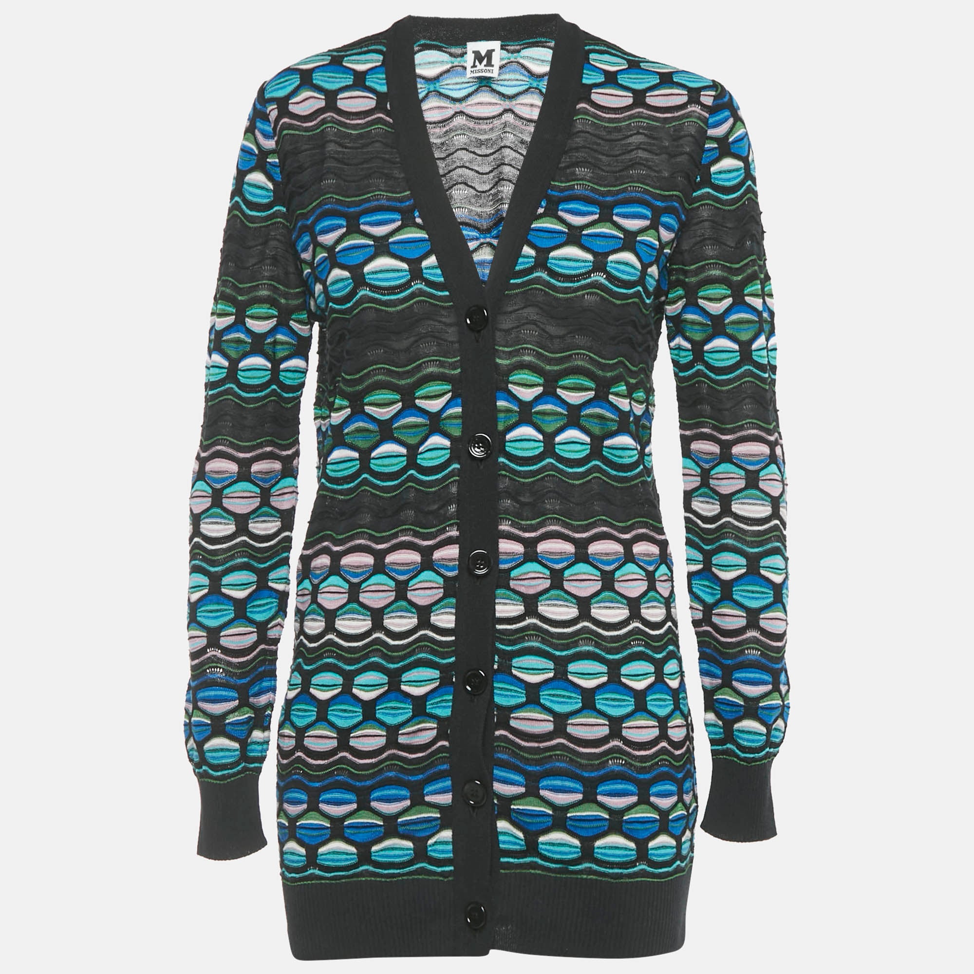 M Missoni Black-Blue Patterned Knit Button Front Cardigan M