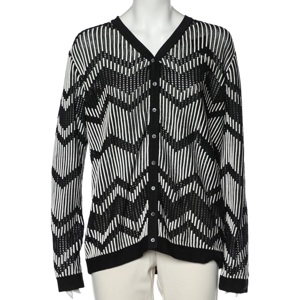 M Missoni Monochrome Patterned Perforated Knit Button Front Cardigan L