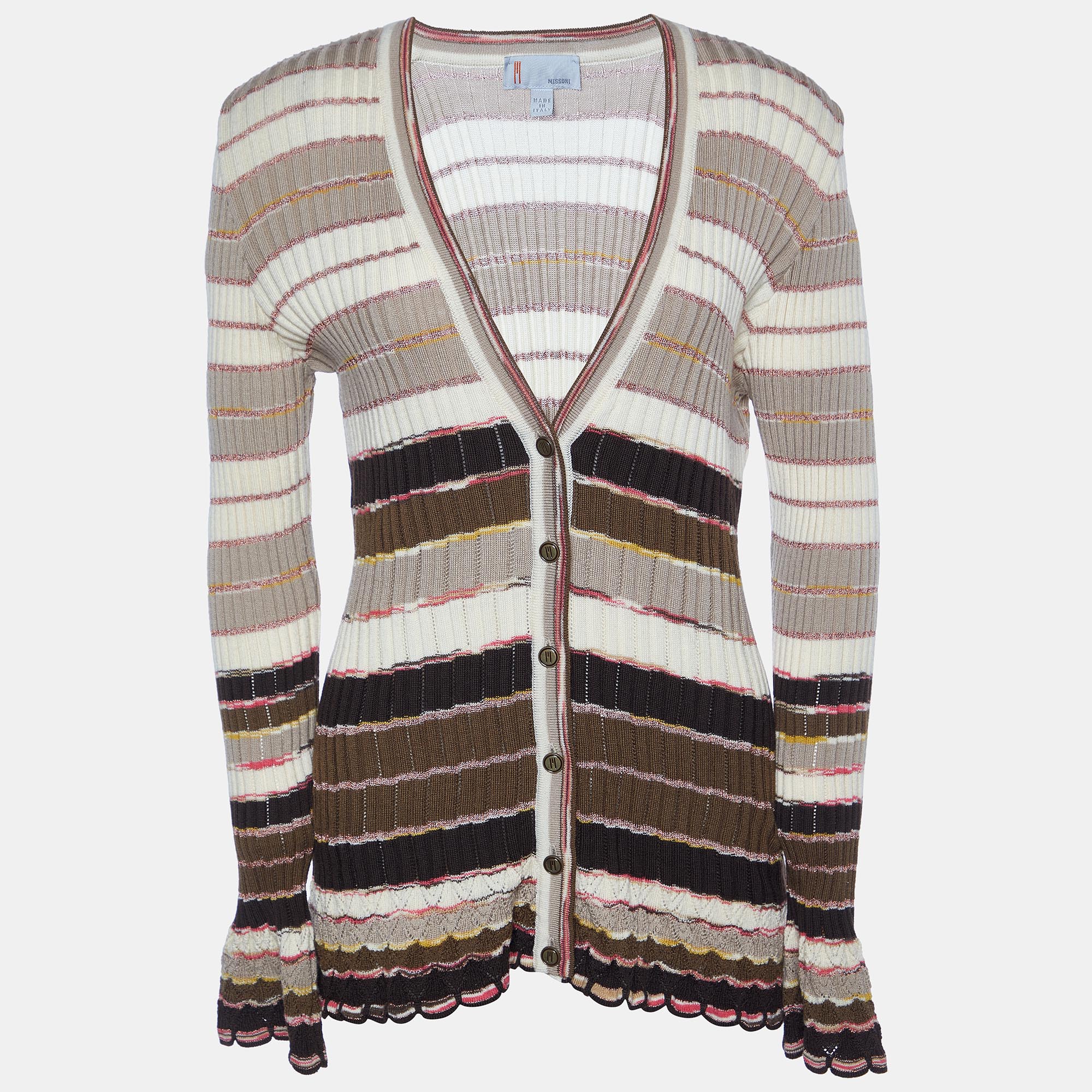 M Missoni Beige Striped Knit Button Front Cardigan L