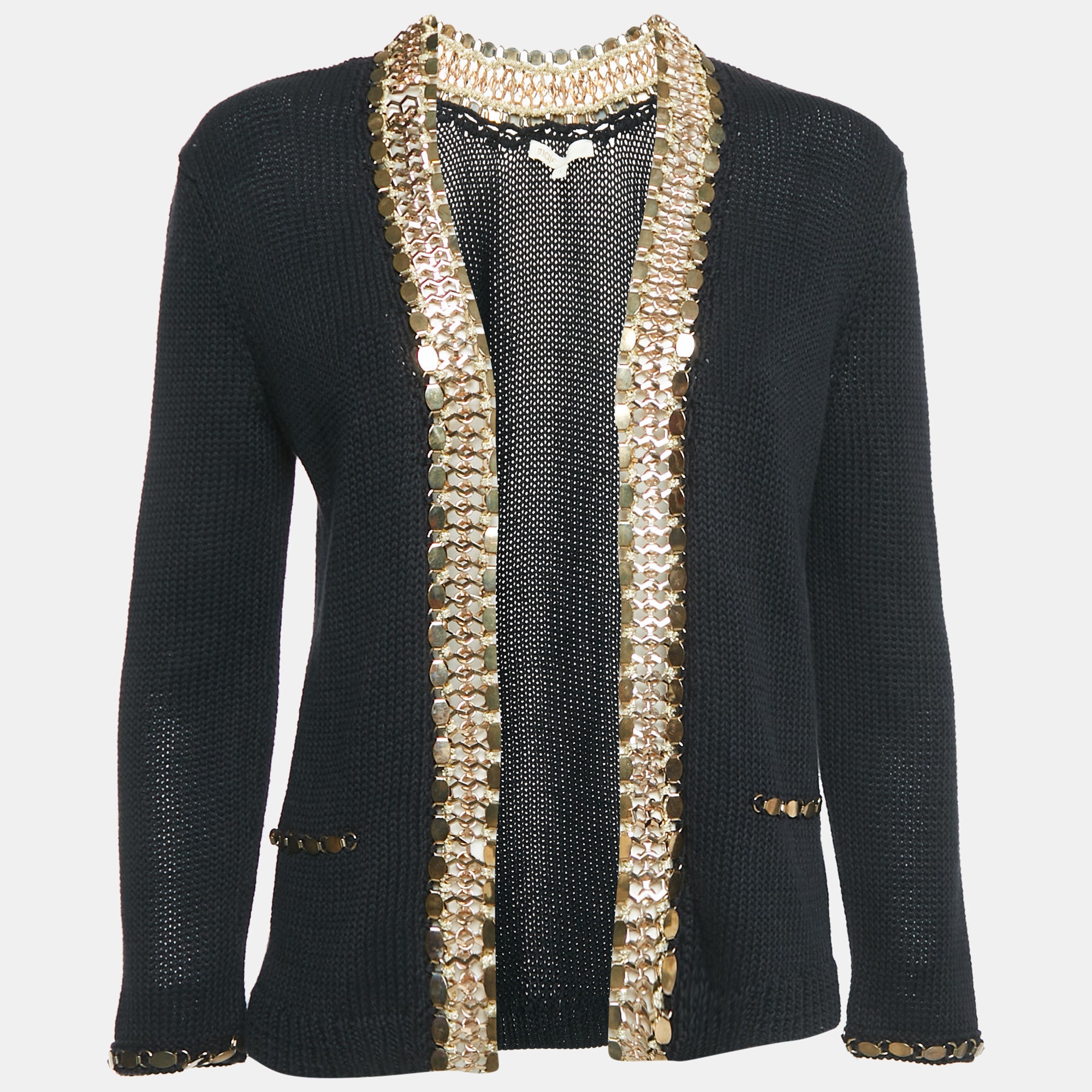 Maje Black Embellished Linen and Cotton Fascinate Cardigan S