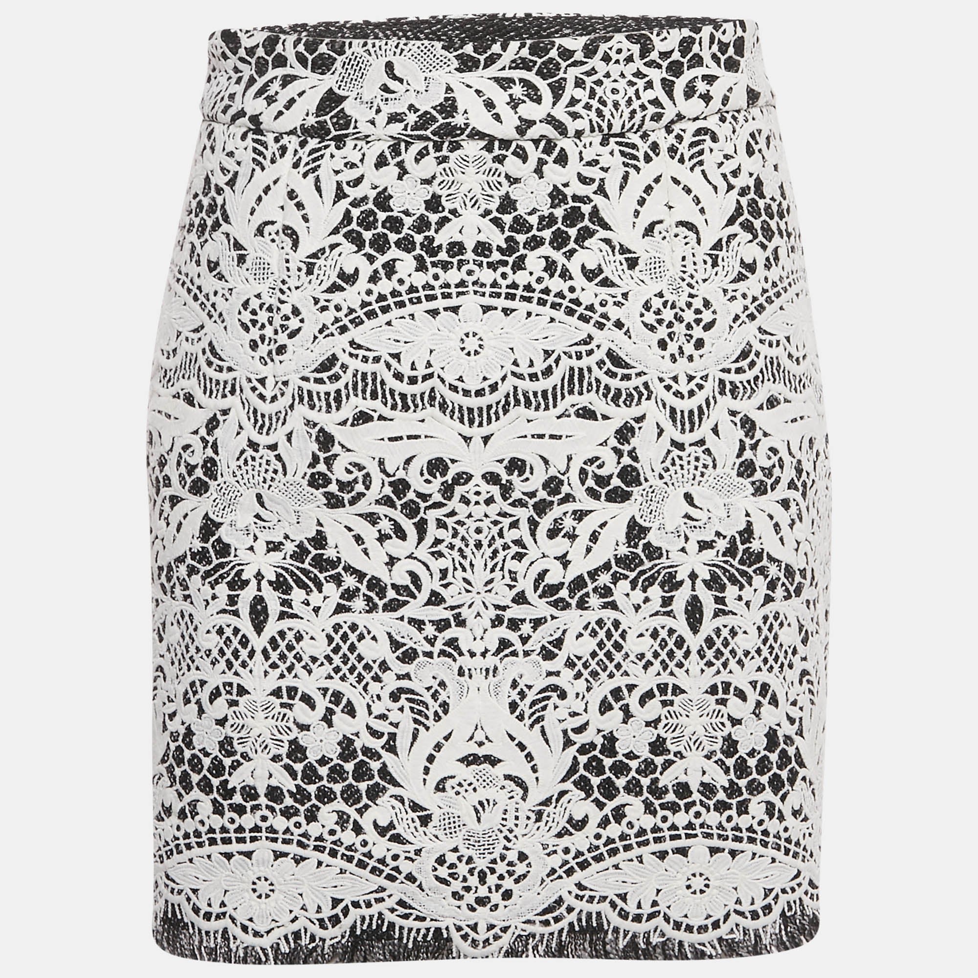 Maje White - Black Lace Fringed Hem Mini Skirt M
