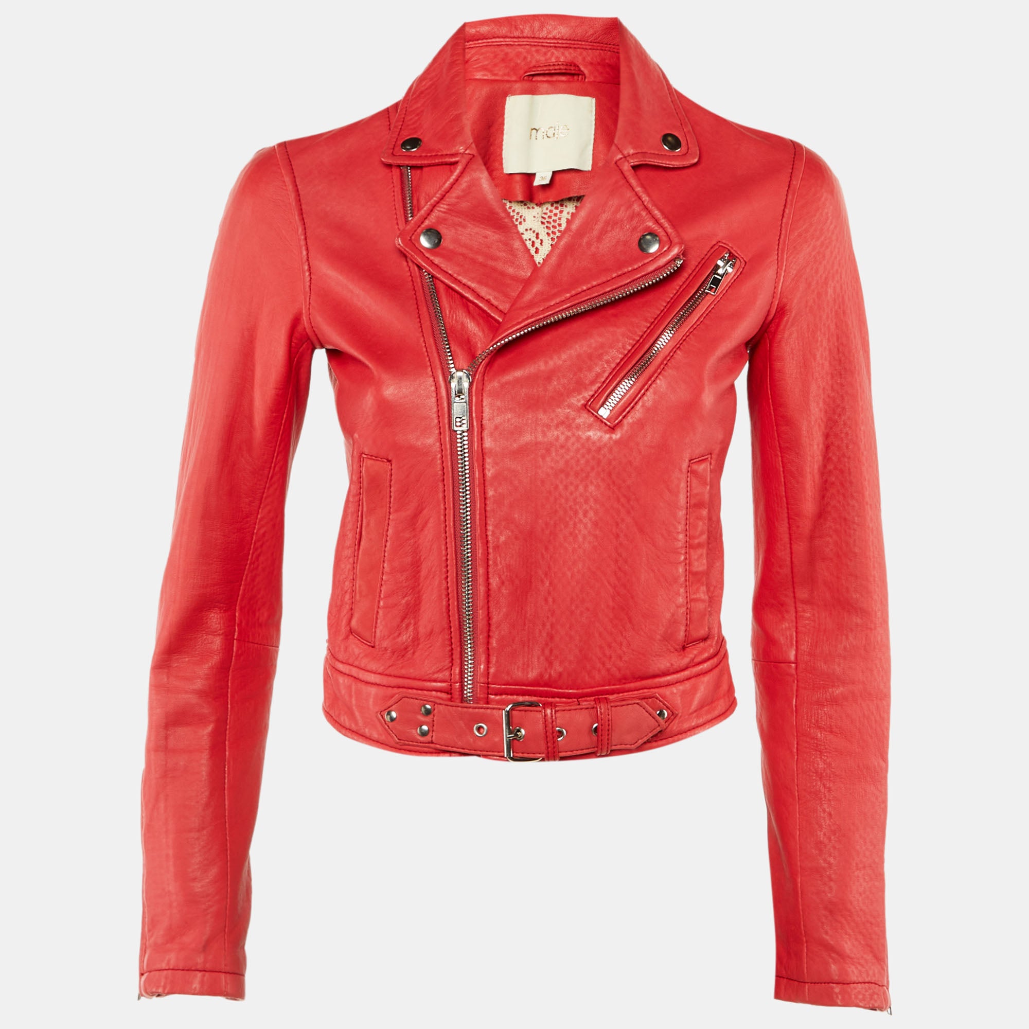 Maje Red Leather Bostep Biker Jacket S
