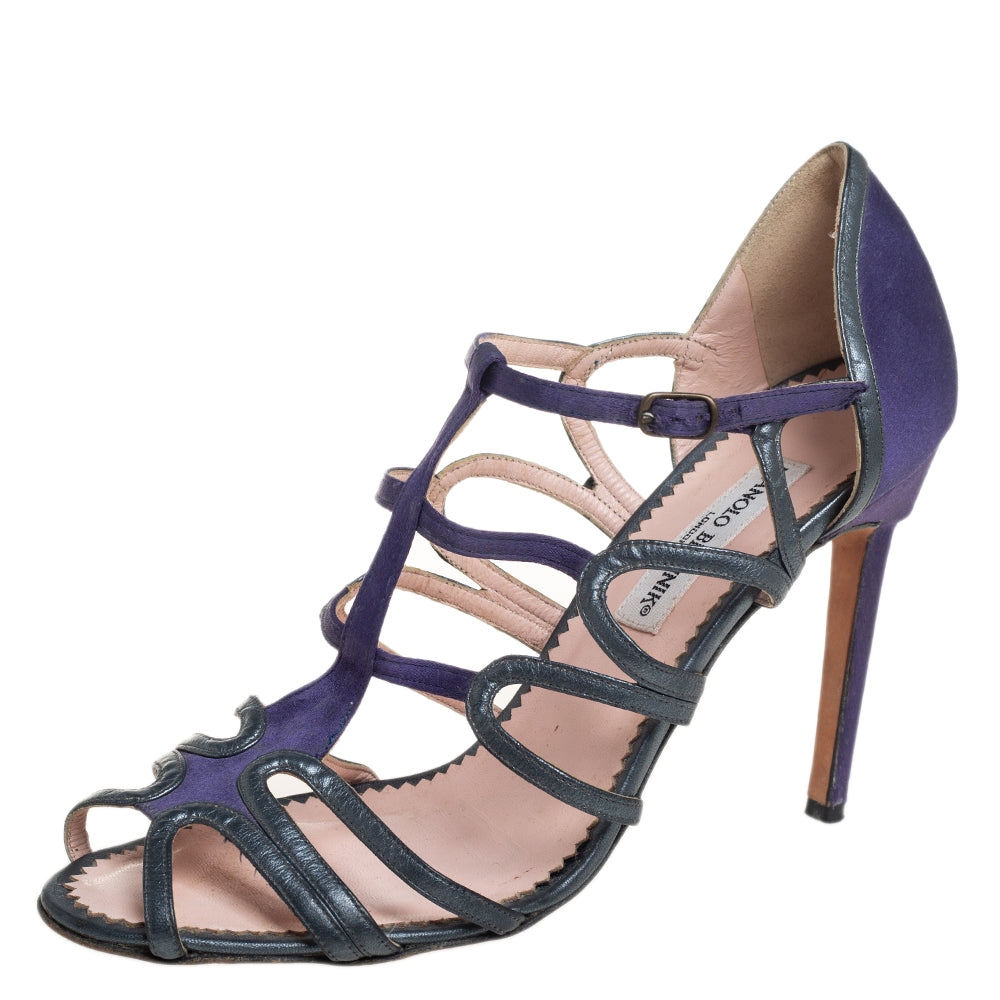 Manolo Blahnik Purple-Grey  Leather And Satin Cage Sandals Size 40