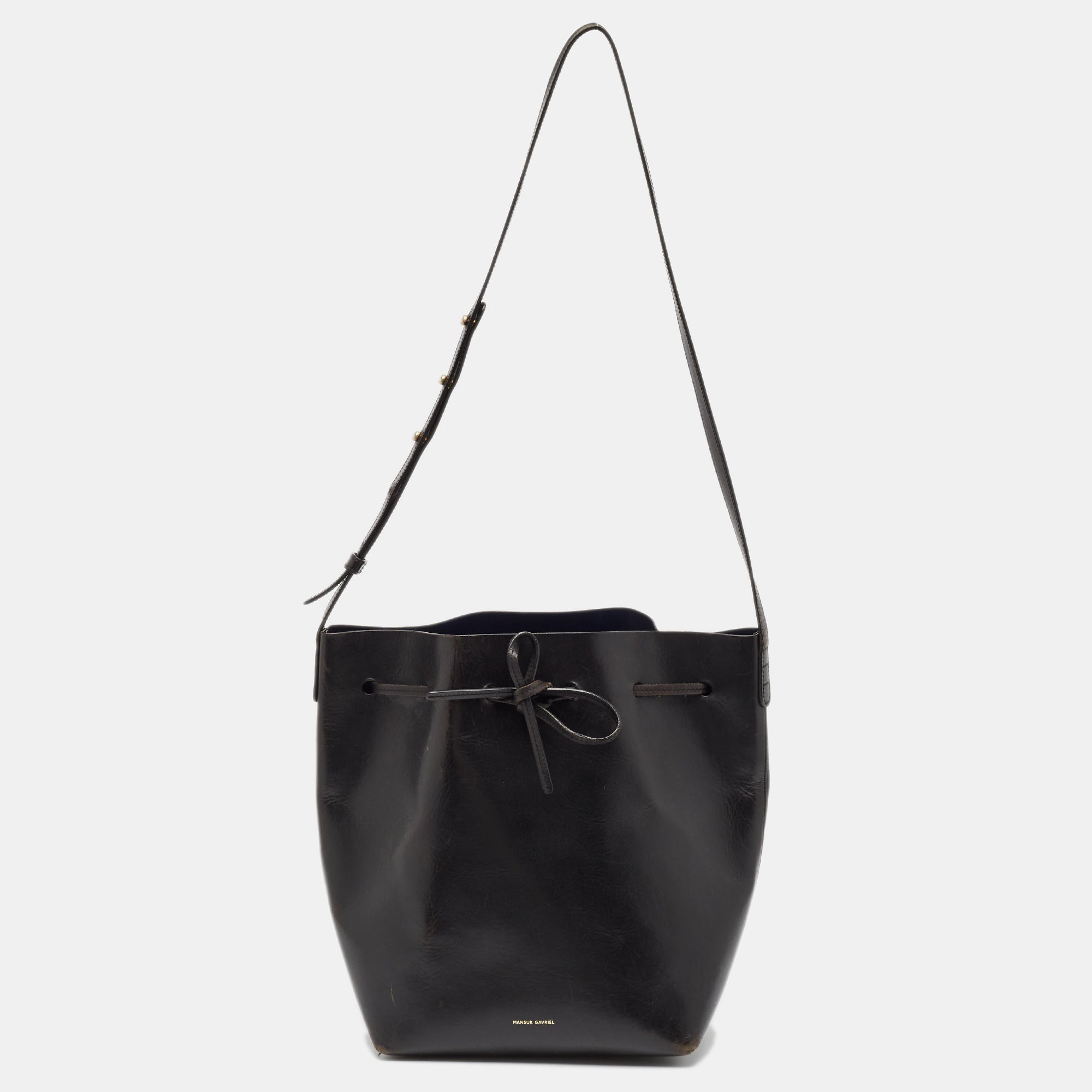 Mansur Gavriel Black Glossy Leather Drawstring Bucket Bag