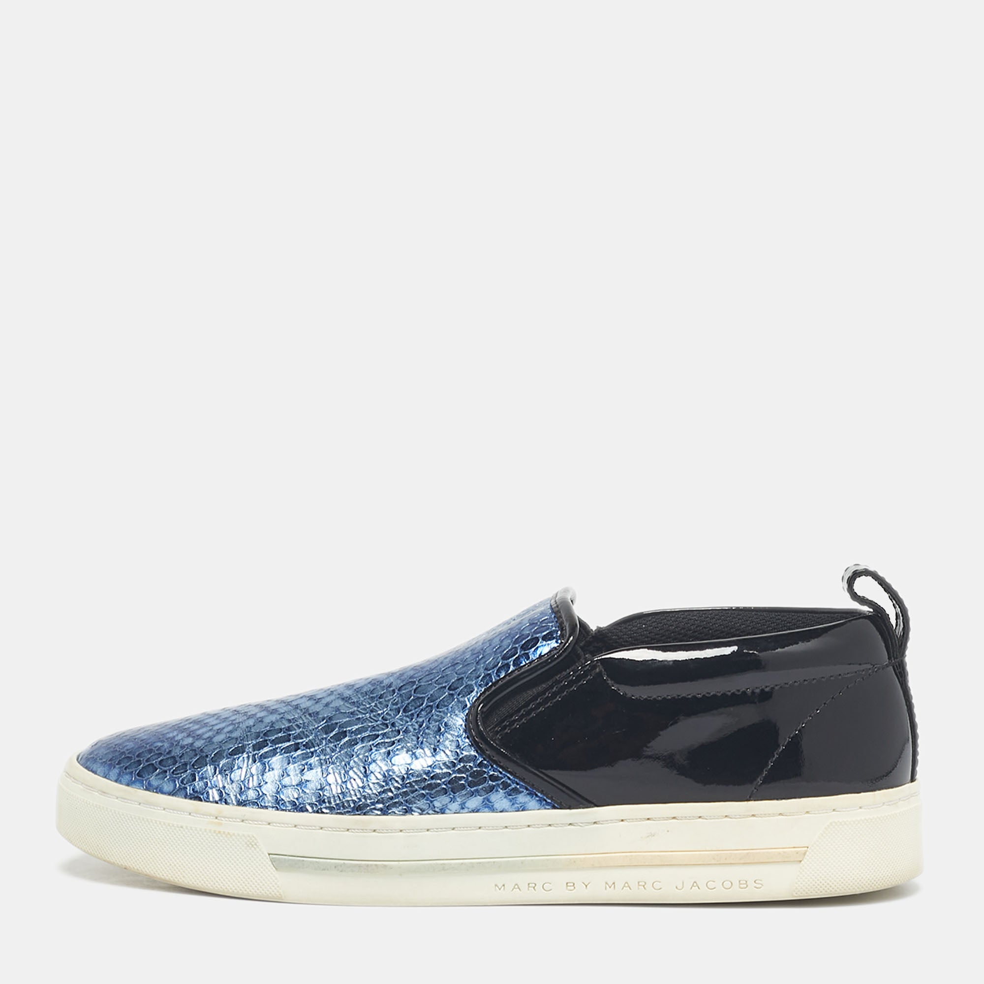 Marc by Marc Jacobs Blue-Black Snakeskin Embossed and  Patent Leather Broome Slip On Sneakers Size 36