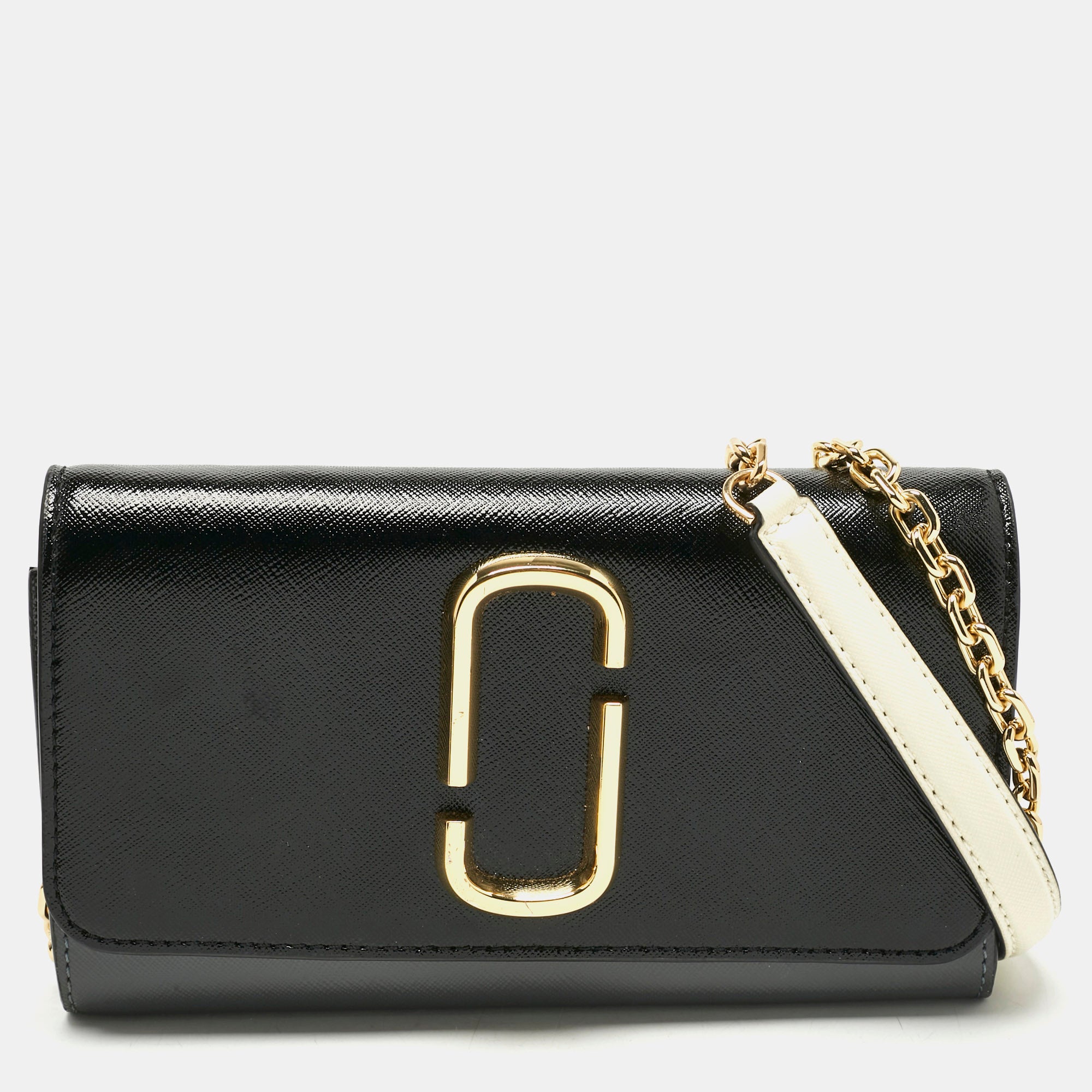 Marc Jacobs Black-Grey Glossy Leather Snapshot Wallet On Chain