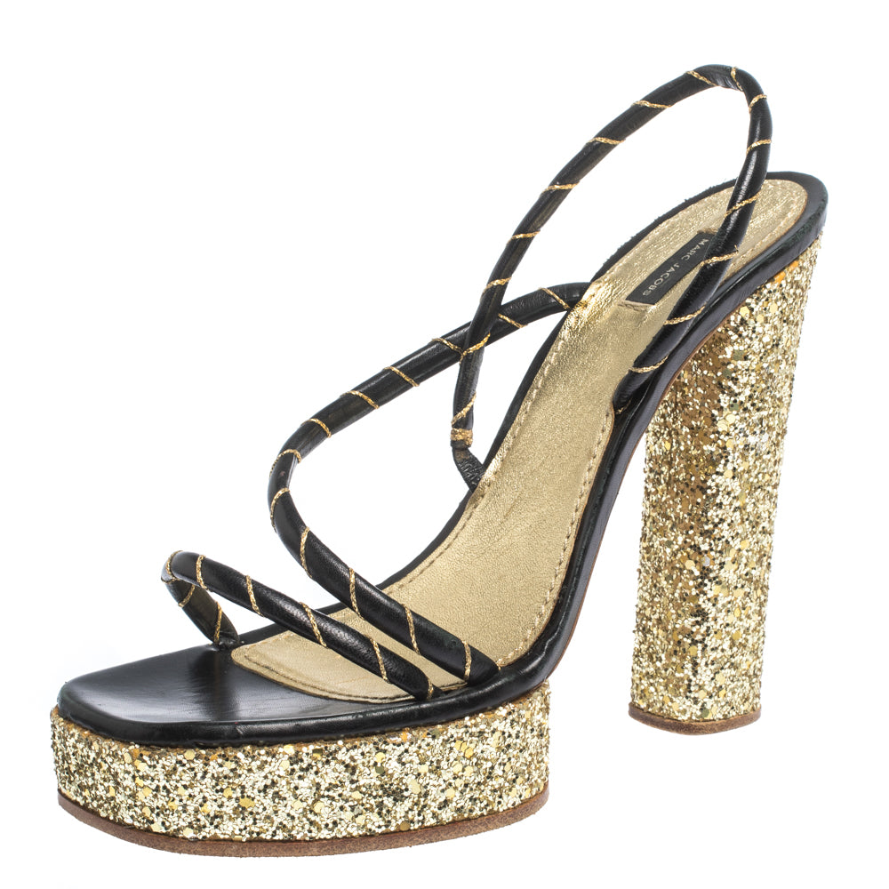 Marc Jacobs Black-Gold Leather And Glitter Fabric Slingback Platform Sandals Size 40