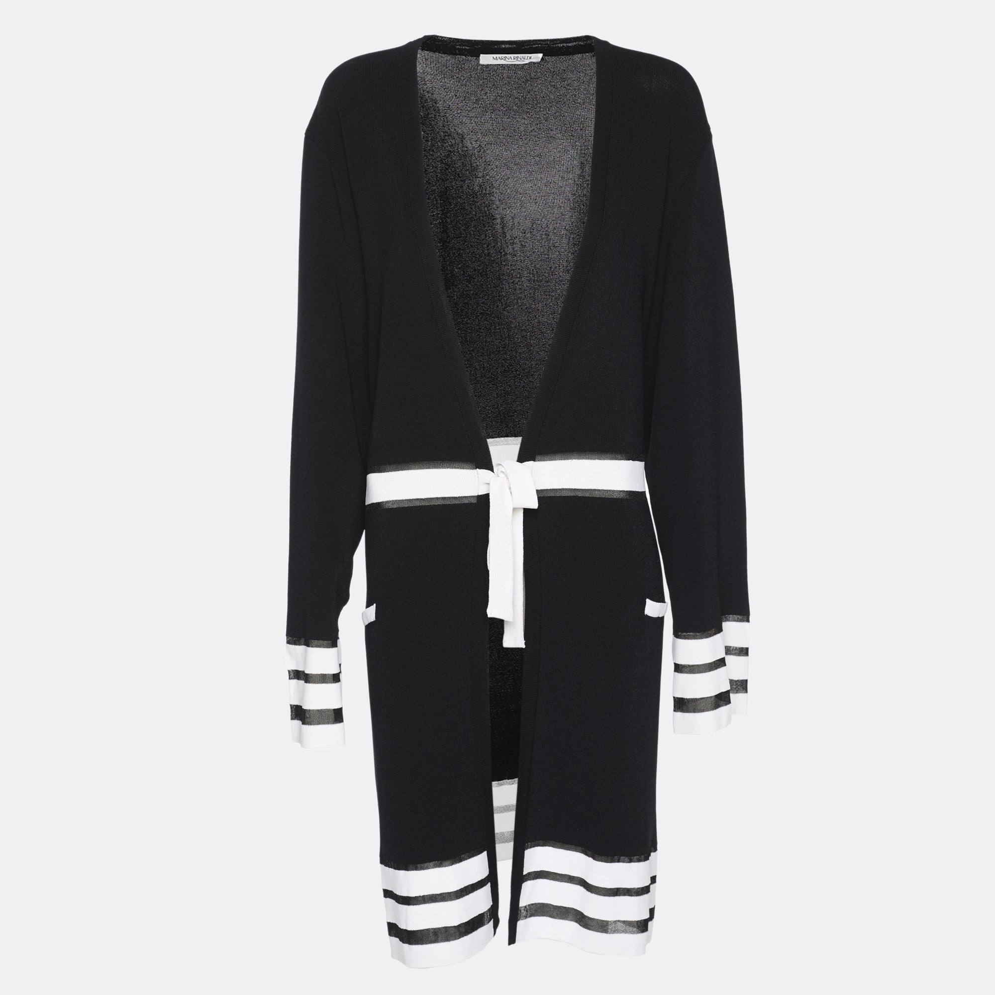 Marina Rinaldi Navy Blue-White Rib Knit Belted Cardigan L