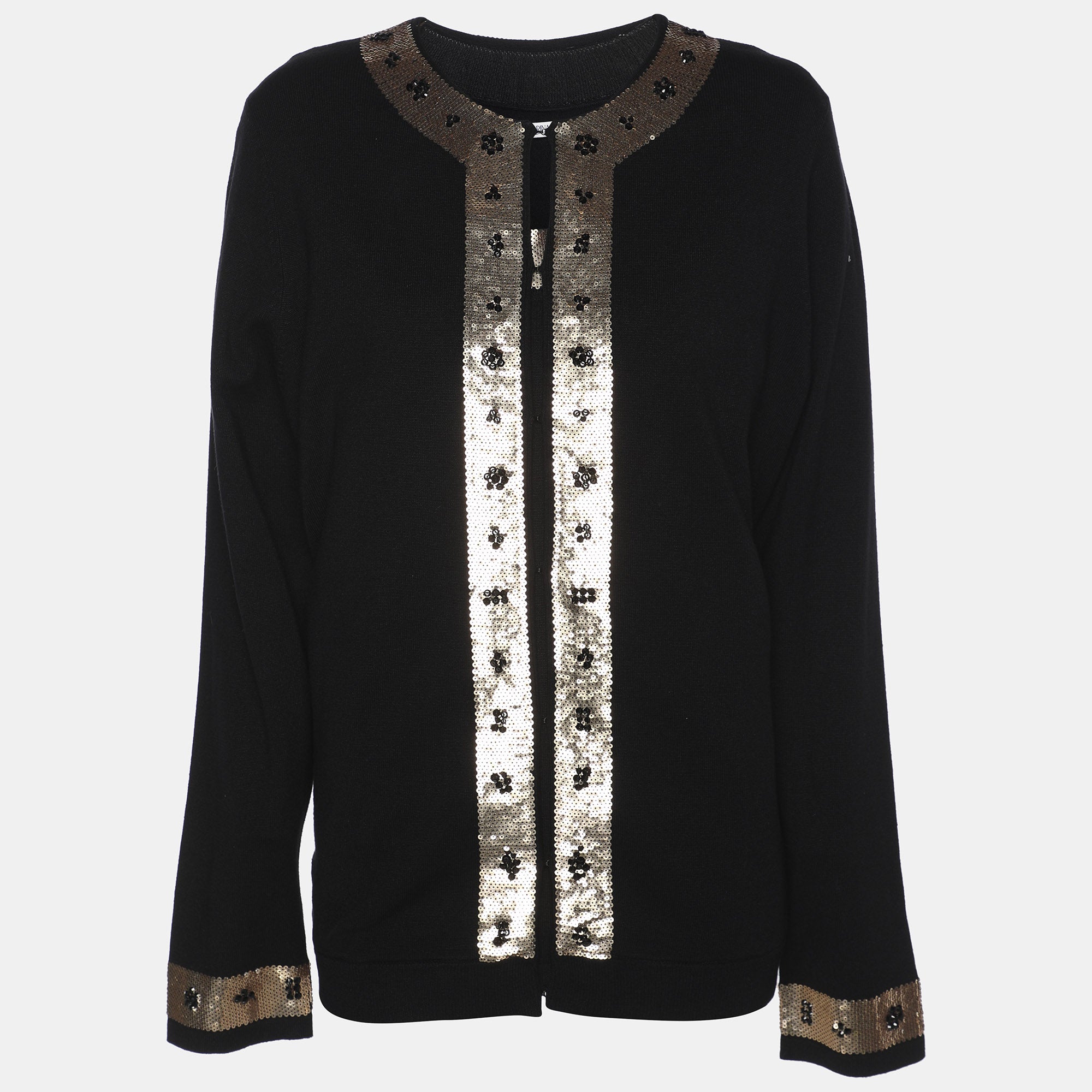 Marina Rinaldi Black-Gold Jersey Sequin Embellished Cardigan Set L