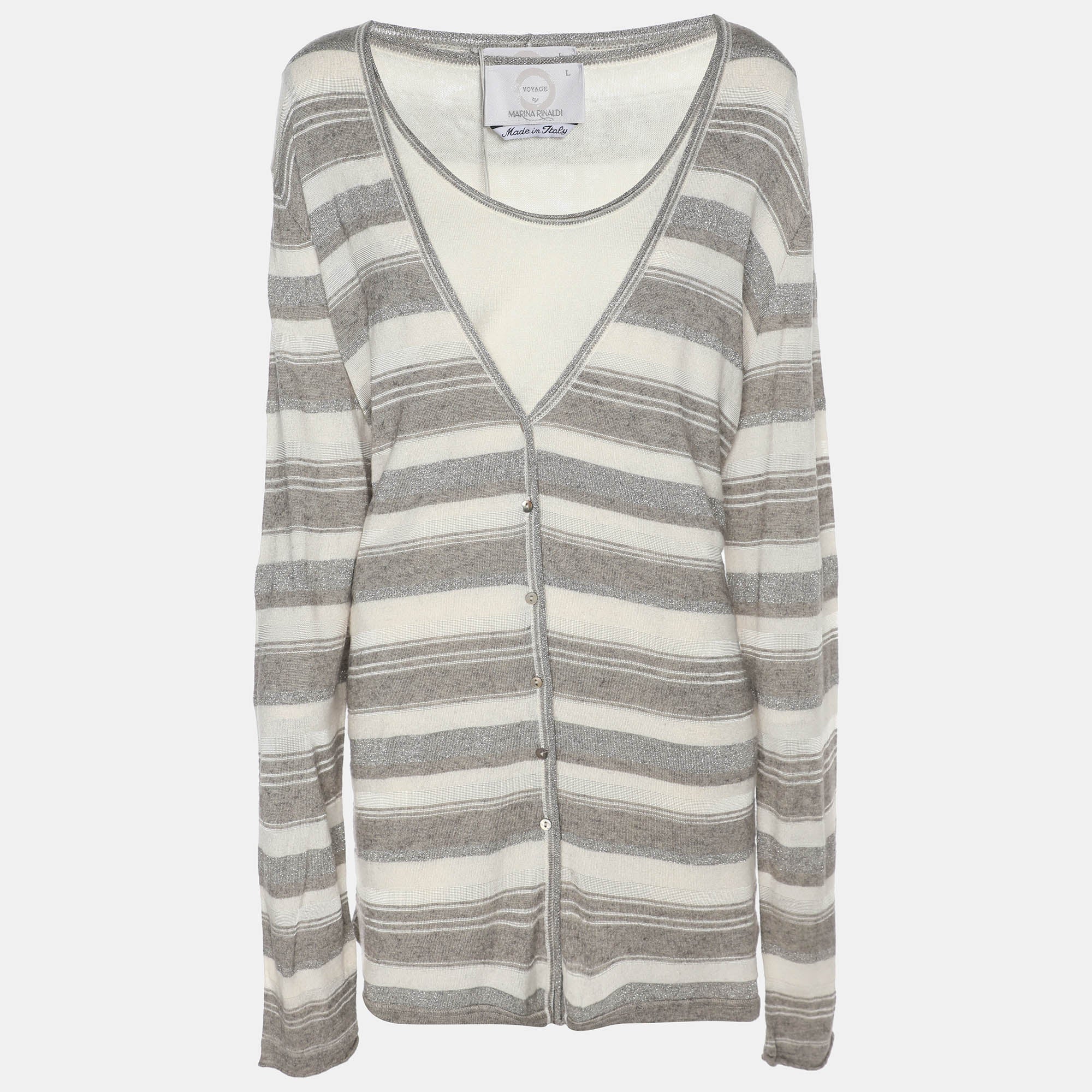Voyage by Marina Rinaldi Grey-Off White Stripe Stretch Knit Cardigan Set L