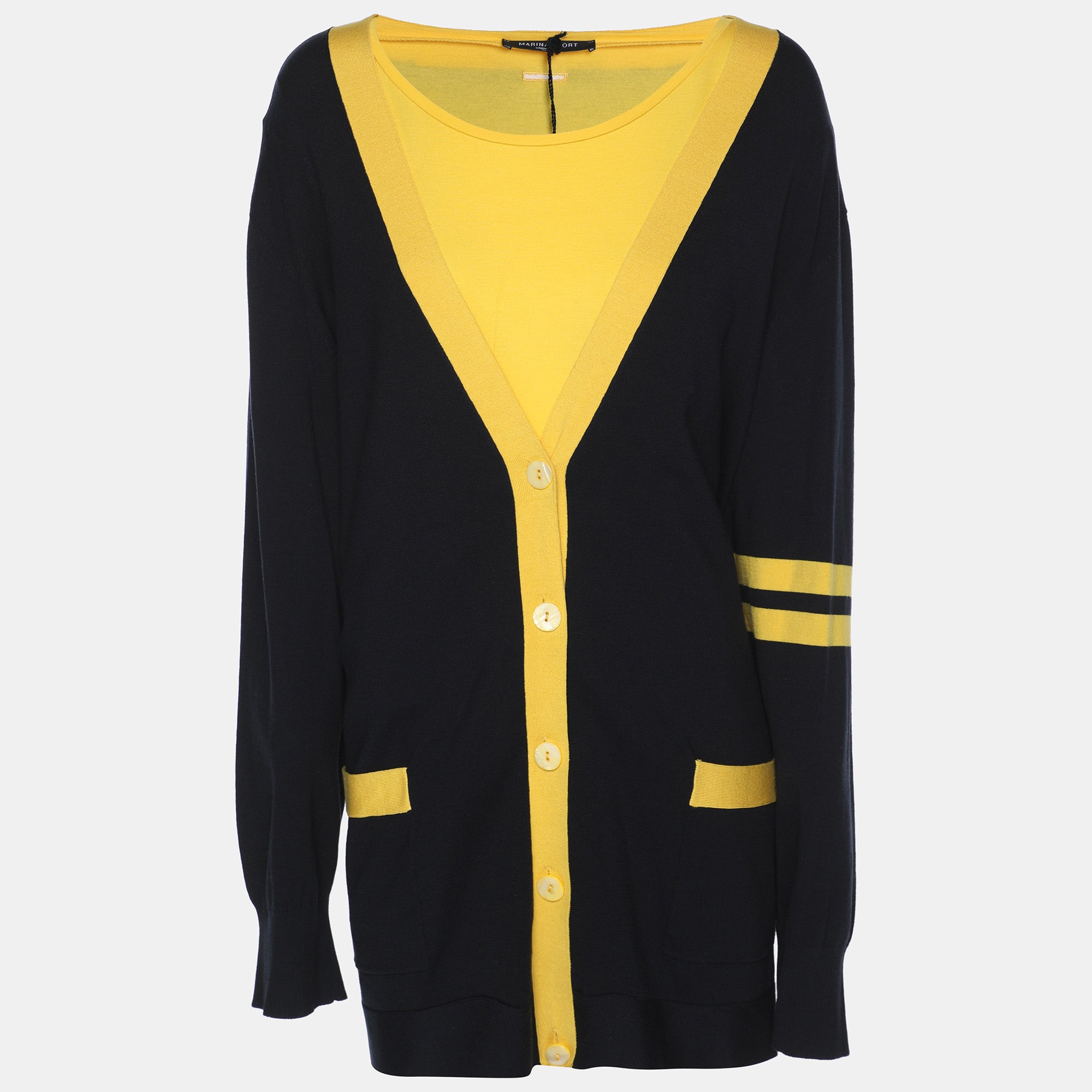 Marina Sport by Marina Rinaldi Navy Blue-Yellow Knit Cardigan L