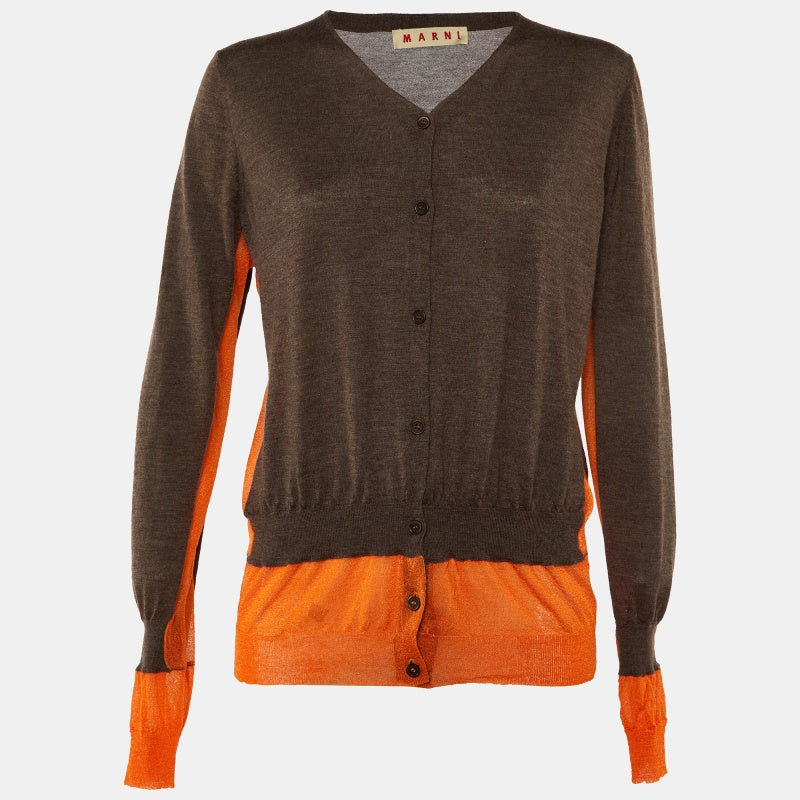 Marni Grey Cashmere Button Front Contrast Panel Detail Cardigan L