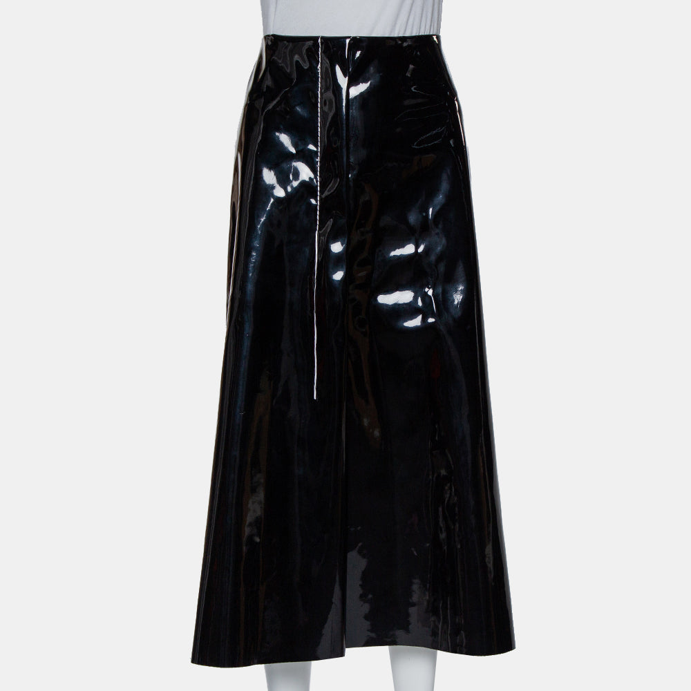 Marni Black Faux Patent Leather Hanging Thread Detail Midi Skirt M