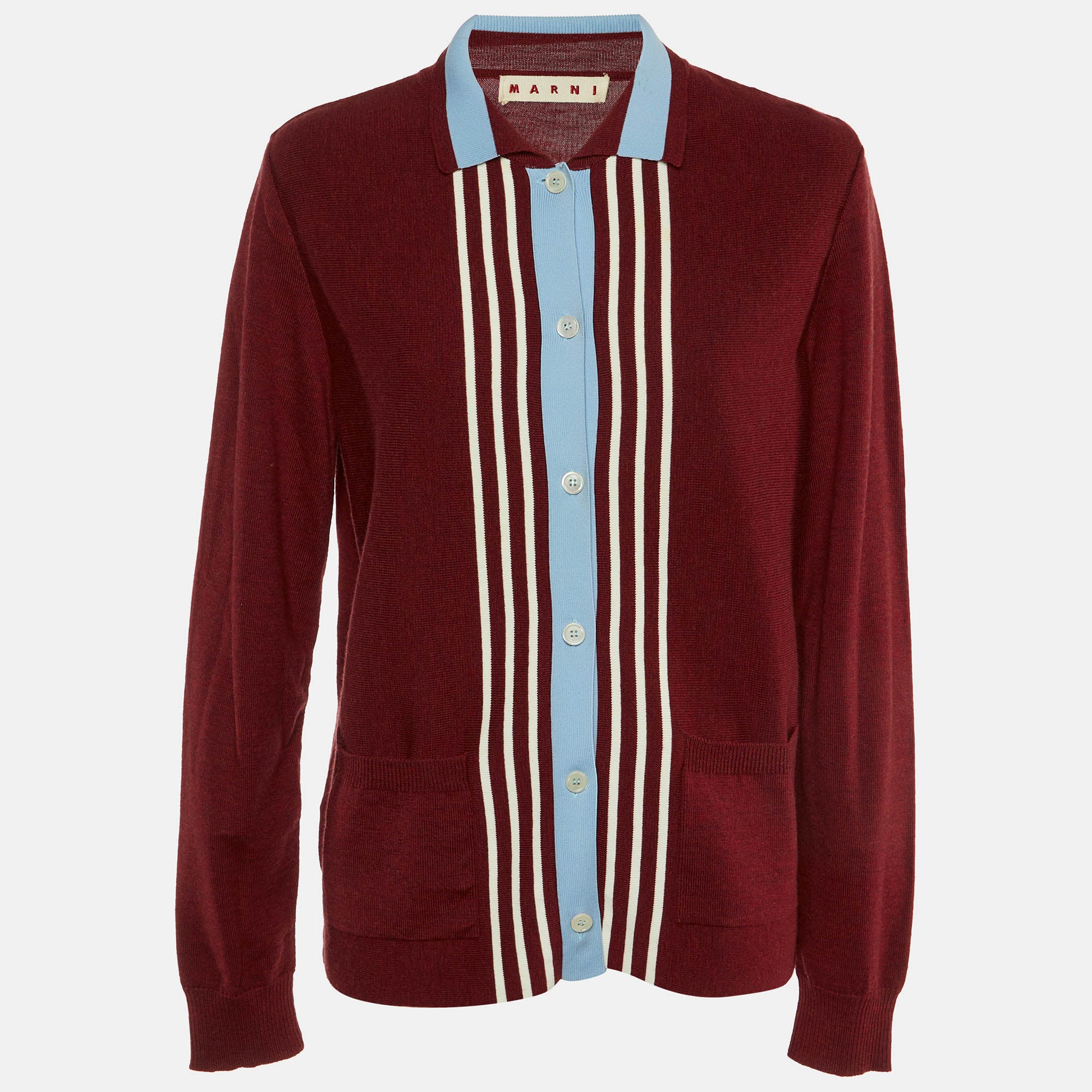 Marni Red-Blue Wool Knit Button Front Cardigan L