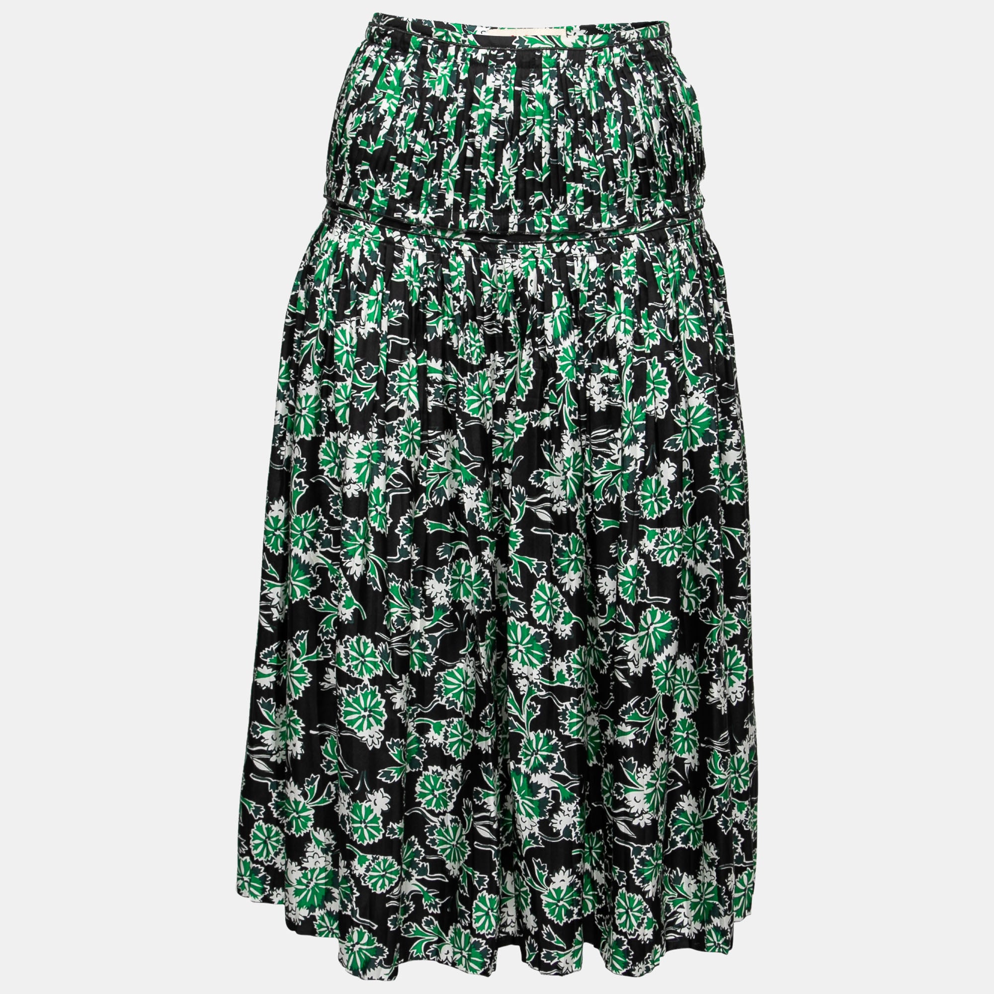 Marni Fern Green Floral Print Silk Pleated Midi Skirt S
