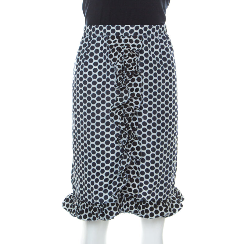 Marni Blue and White Polka Dot Printed Coated Silk Ruffle Detail Skirt S