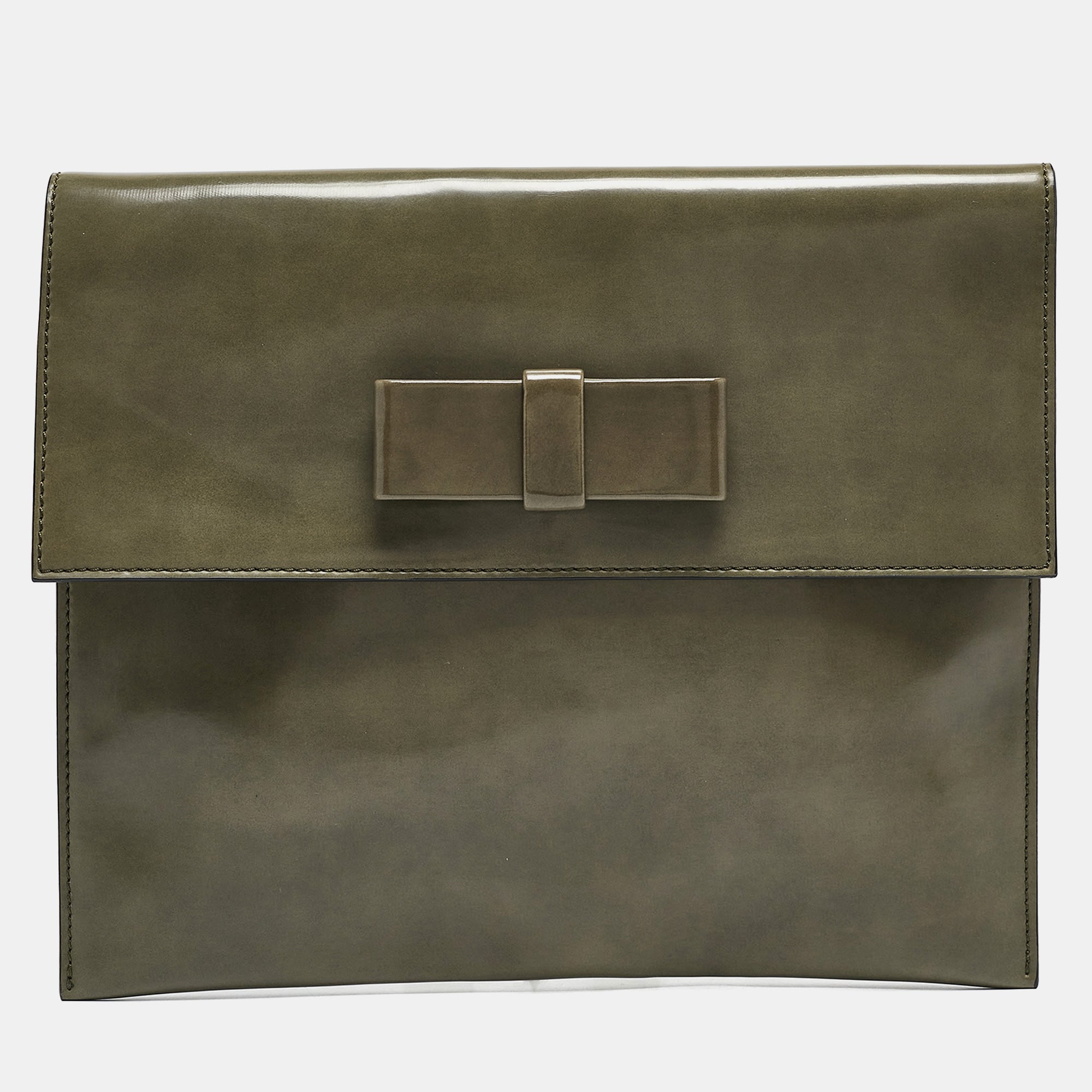 Marni Olive Green Glossy Leather Bow Clutch