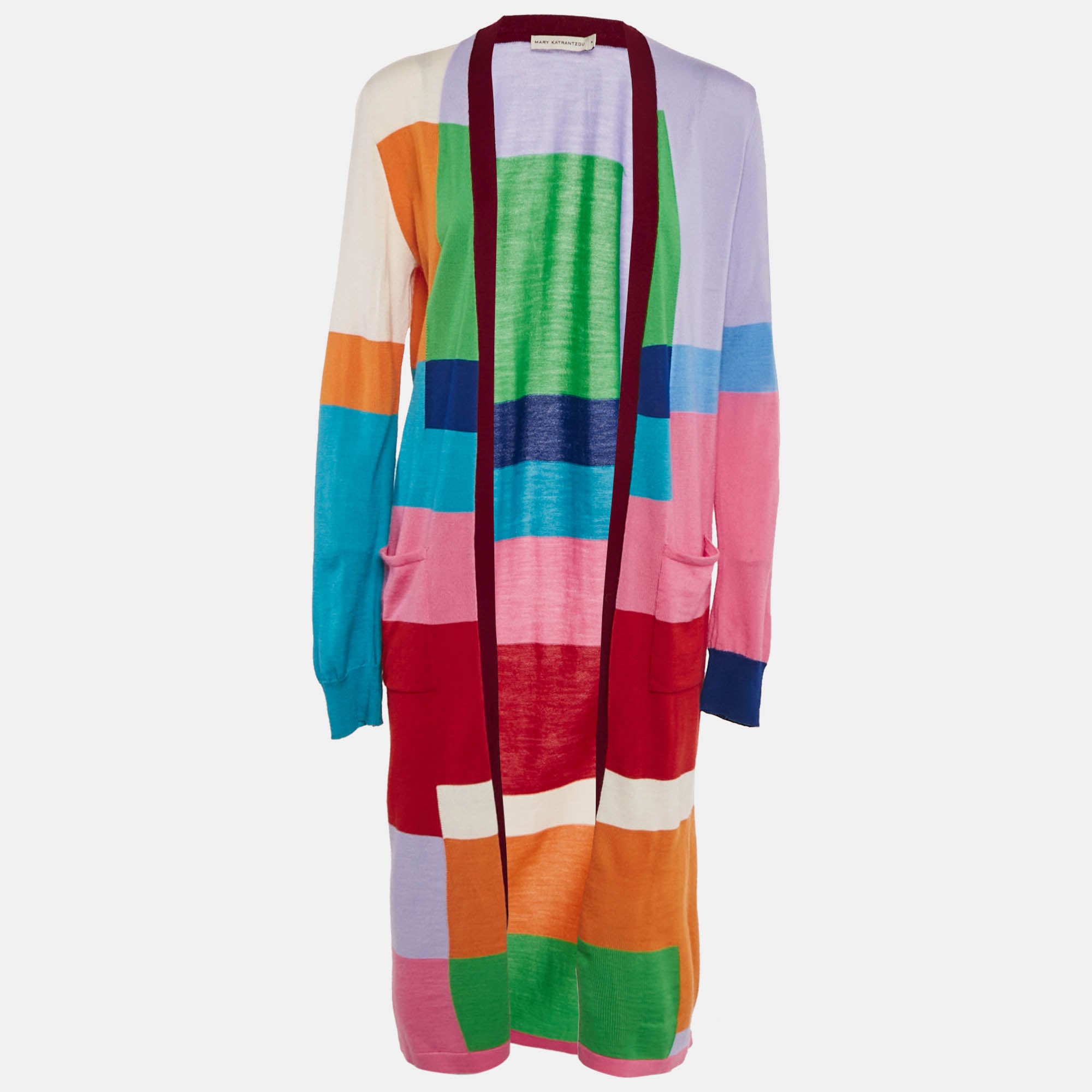 Mary Katrantzou Multicolor Wool Front Open Peyton Color-Block Long Cardigan M