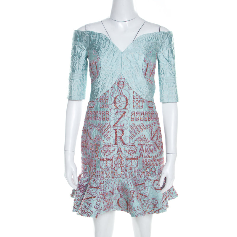 Mary Katrantzou Mint Blue Jacquard and Glitter De Beau Cocktail Dress M