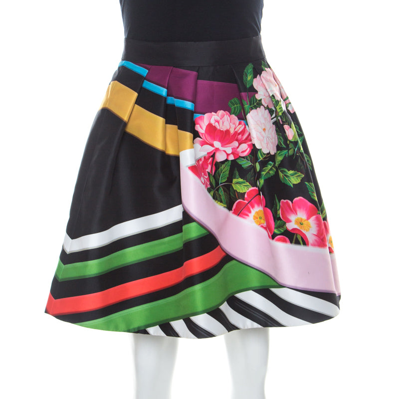 Mary Katrantzou Black Floral & Stripe Print Short Algernon Skirt S
