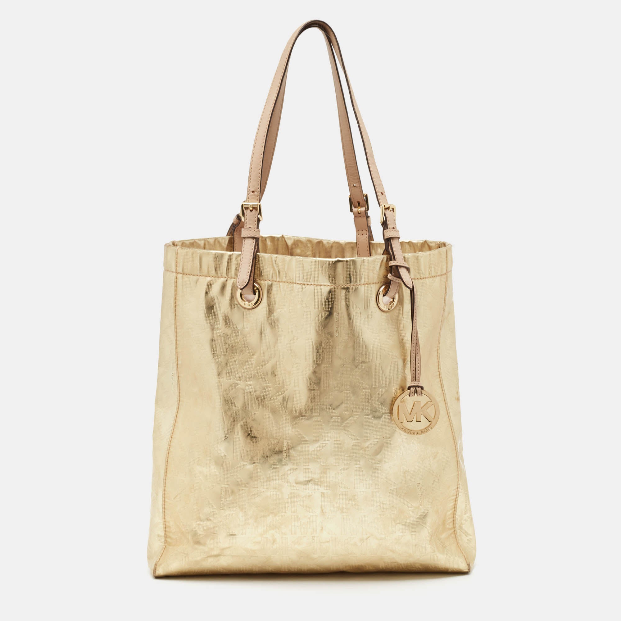 MICHAEL Michael Kors Gold Signature Mirrored Patent Leather North South Tote