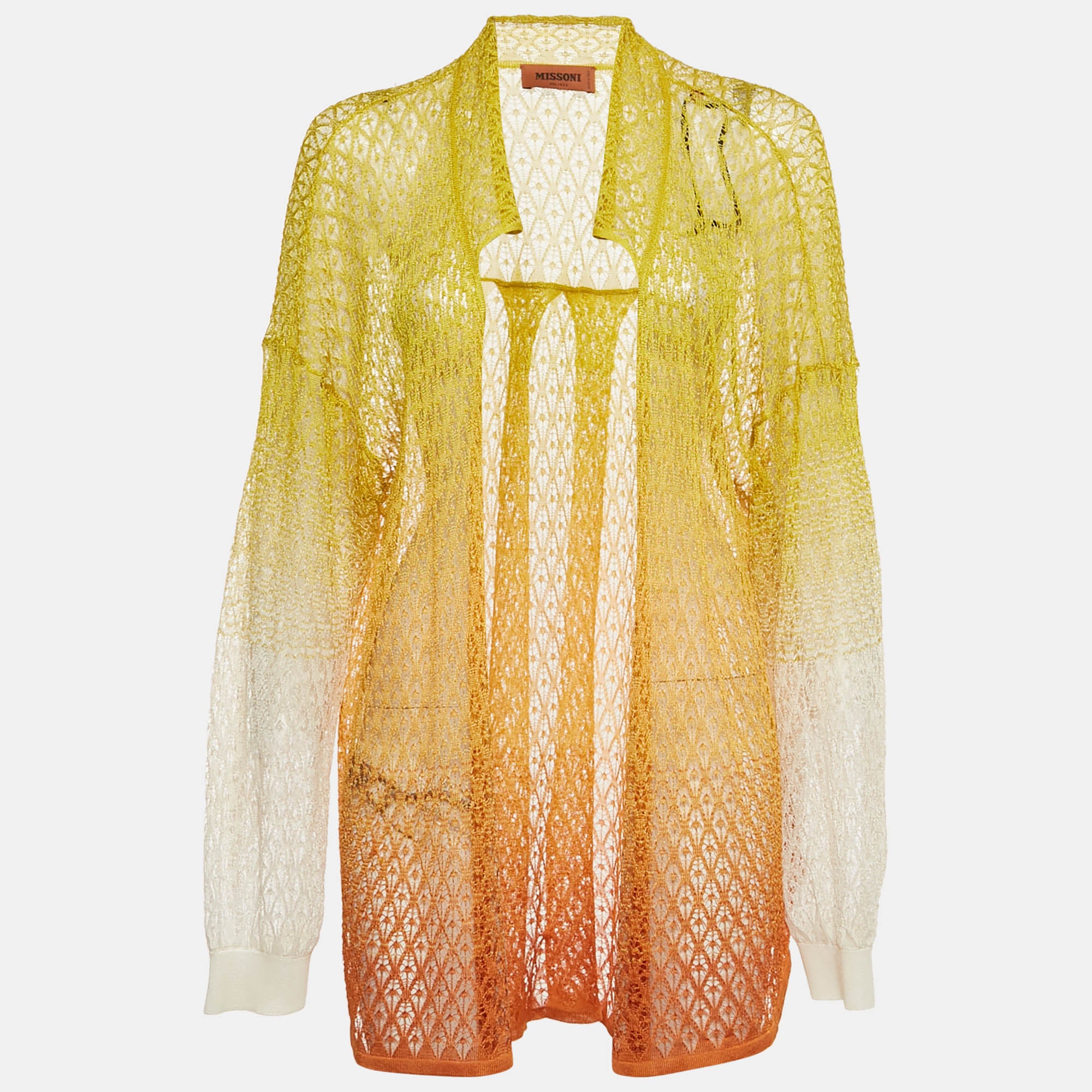 Missoni Yellow-Orange Ombre Crochet Knit Sheer Cardigan M