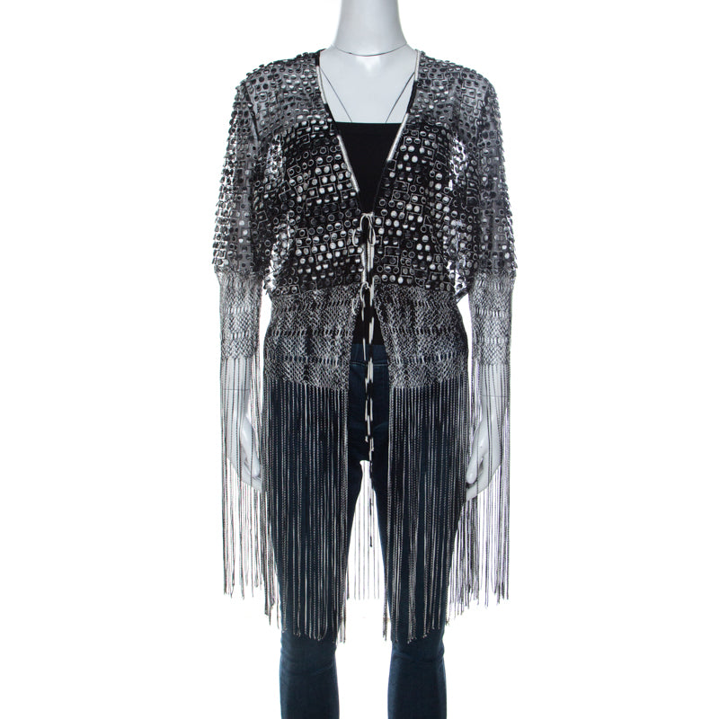 Missoni Monochrome Crochet Knit Lace Trim Fringed Cardigan L